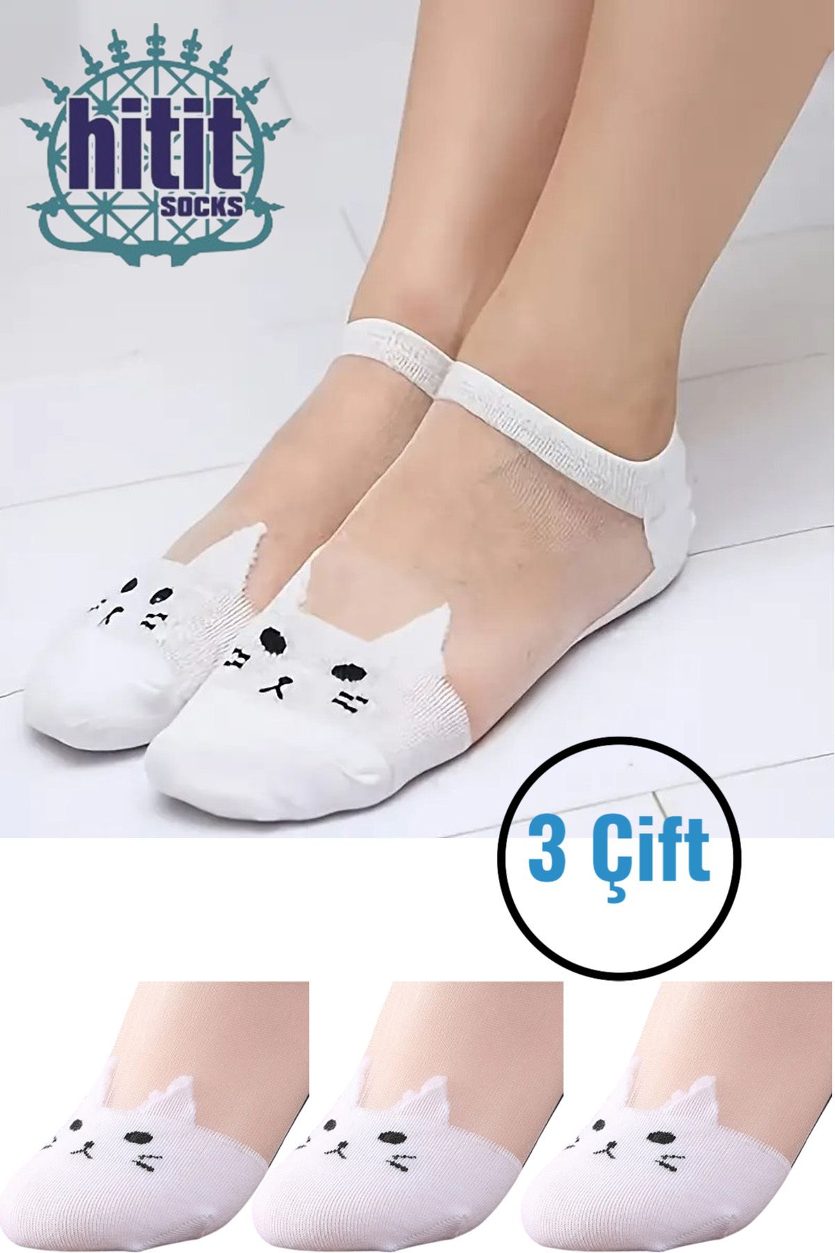 Hitit Socks Kadın 3 Çift Premium Kalite Kedi Desenli Tül Şeffaf Çorap Beyaz