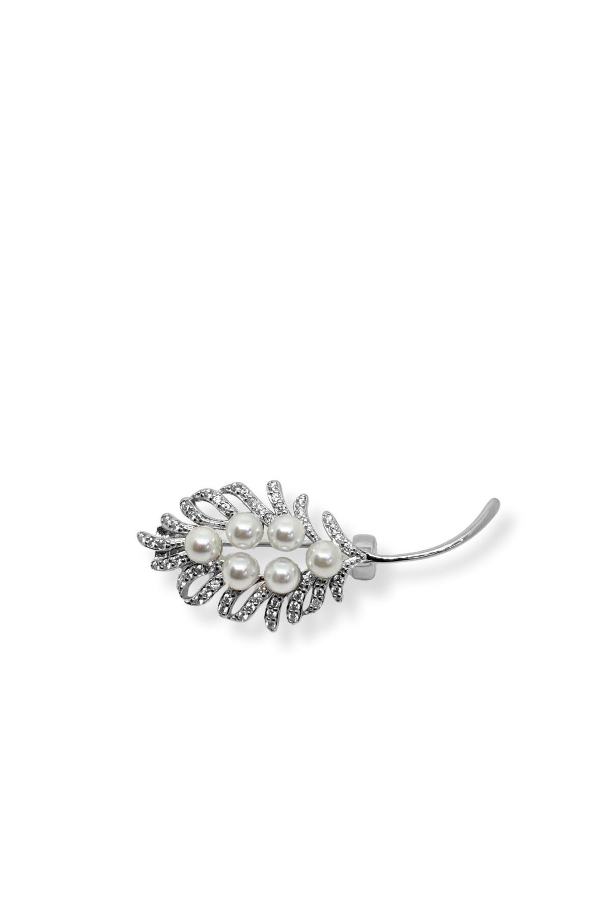 oya silver İnci Bezeli Gümüş Dal Broş 1.5x4 cm
