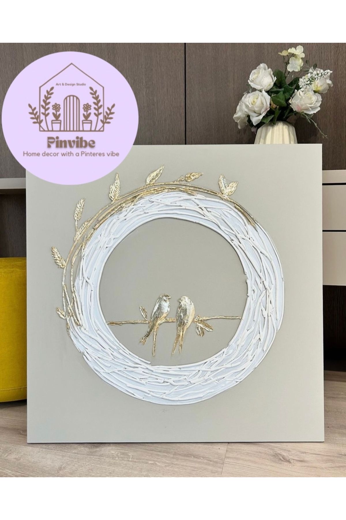 Home KOPYA - Modern Kuş Desenli Altın Varaklı Alçı Tablo – Kabartmalı Duvar Süsü