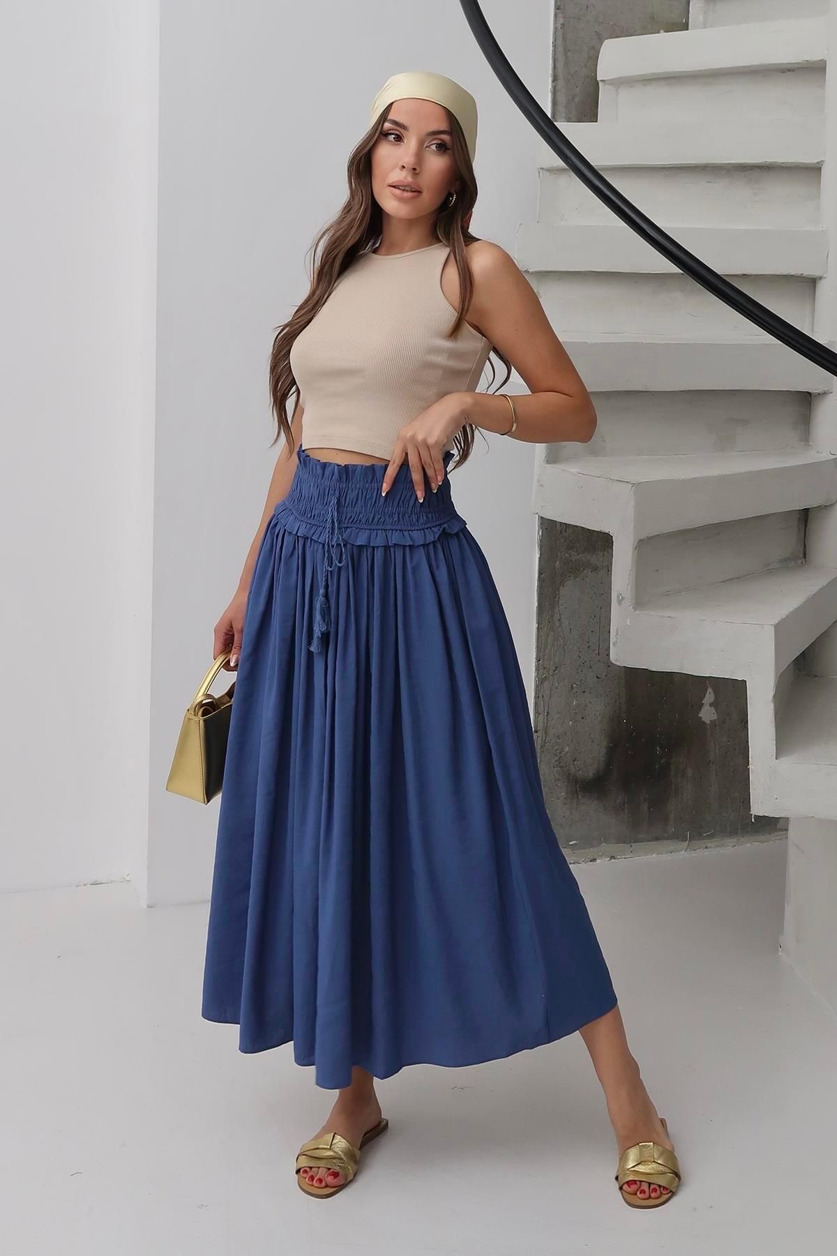 Moda cameo Mohinto Modal Kumaş Maxi Etek Mavi