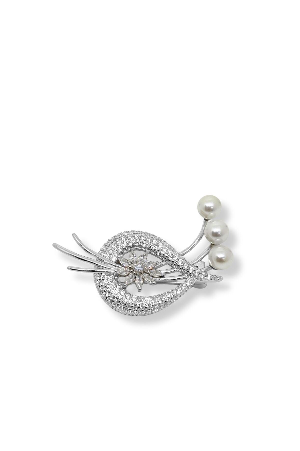 oya silver Taşlı İnci Gümüş Çiçek Broş – 2.5x4 cm