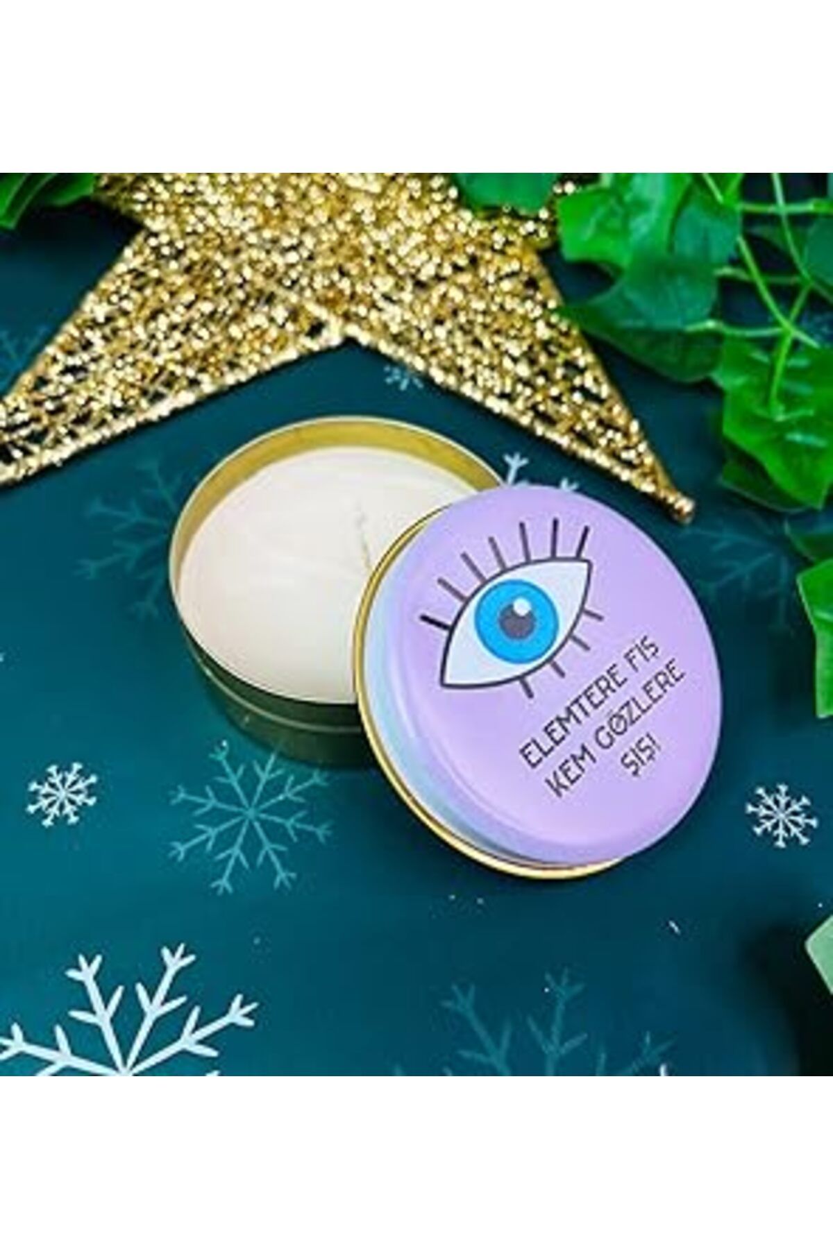 Mu Art Ahşap Giftmoda Nazar Göz Tasarımlı Kokulu Teneke Mum (Beyaz)