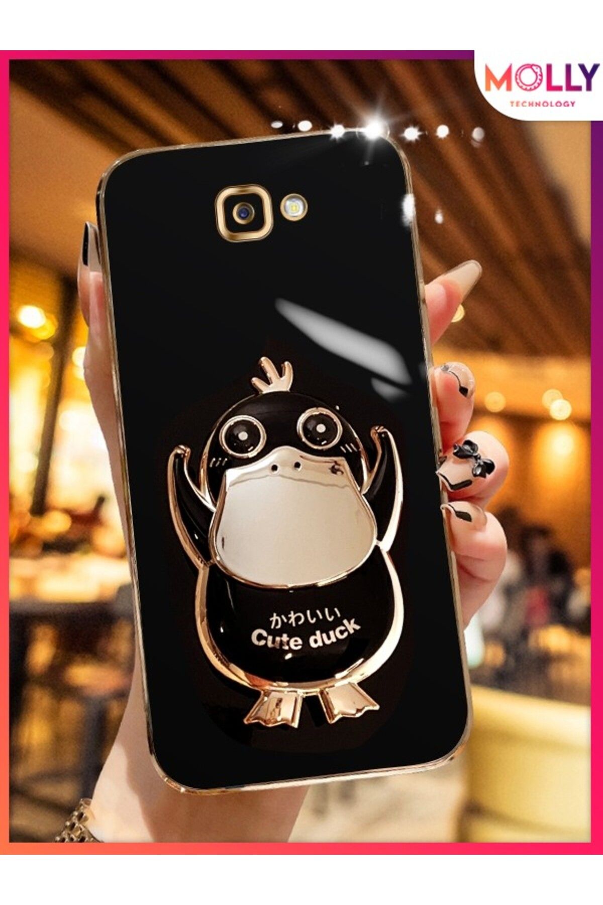 Molly Samsung Galaxy J4 PLUS İçin Siyah Sevimli Ördek Standlı Kenarları Gold Detaylı Lüks Silikon Kılıf