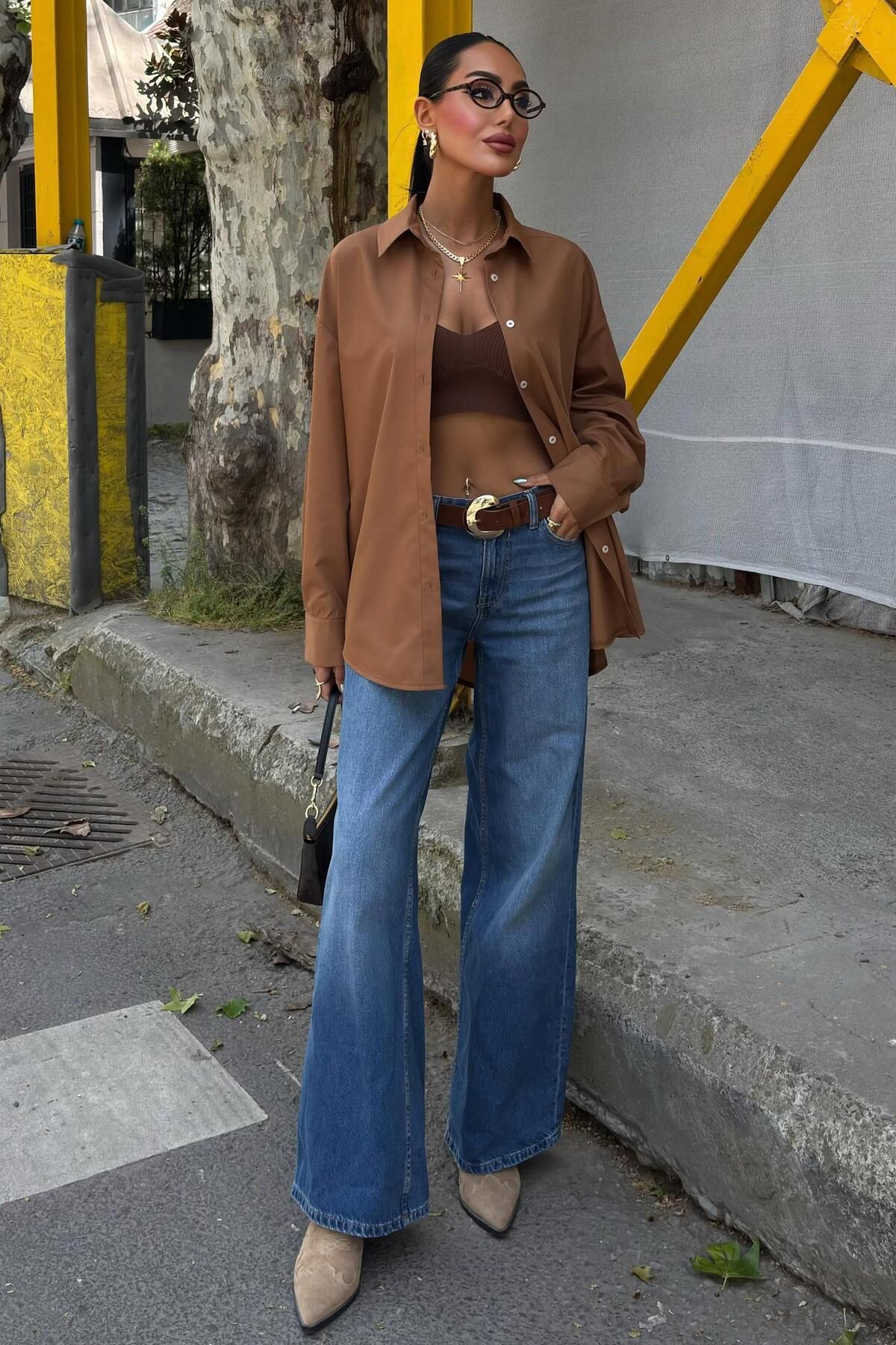 WeShaya Kadın Camel Oversize Uzun Poplin Gömlek