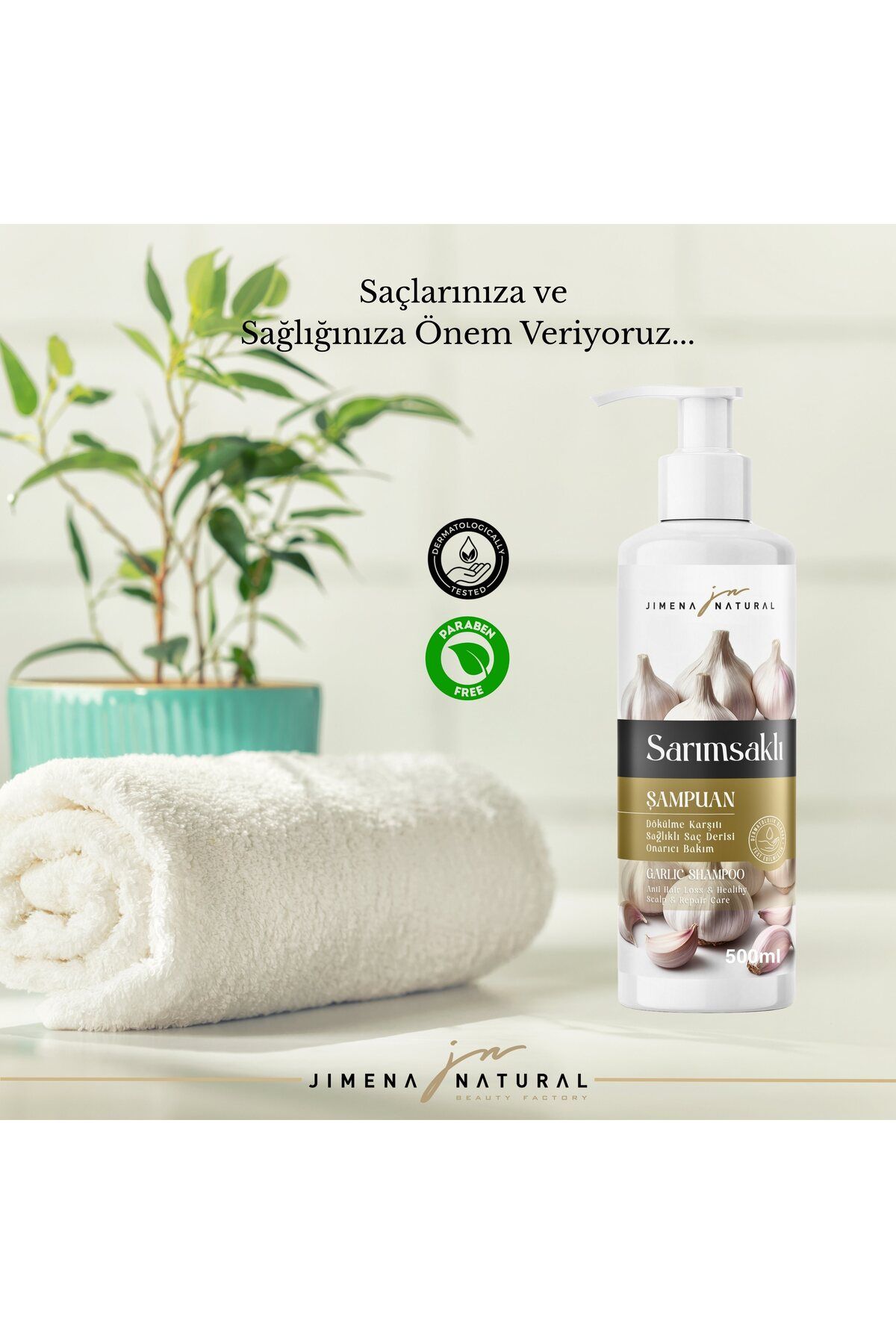 Jimena Natural SARIMSAKLI ŞAMPUAN DÖKÜLME KARŞITI 500 ML DOĞAL BİTKİSEL PARABENSİZ
