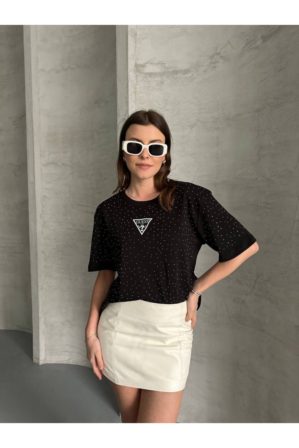 asur boutique Asur Butik Kadın Bisiklet Yaka Taşlı Tişört