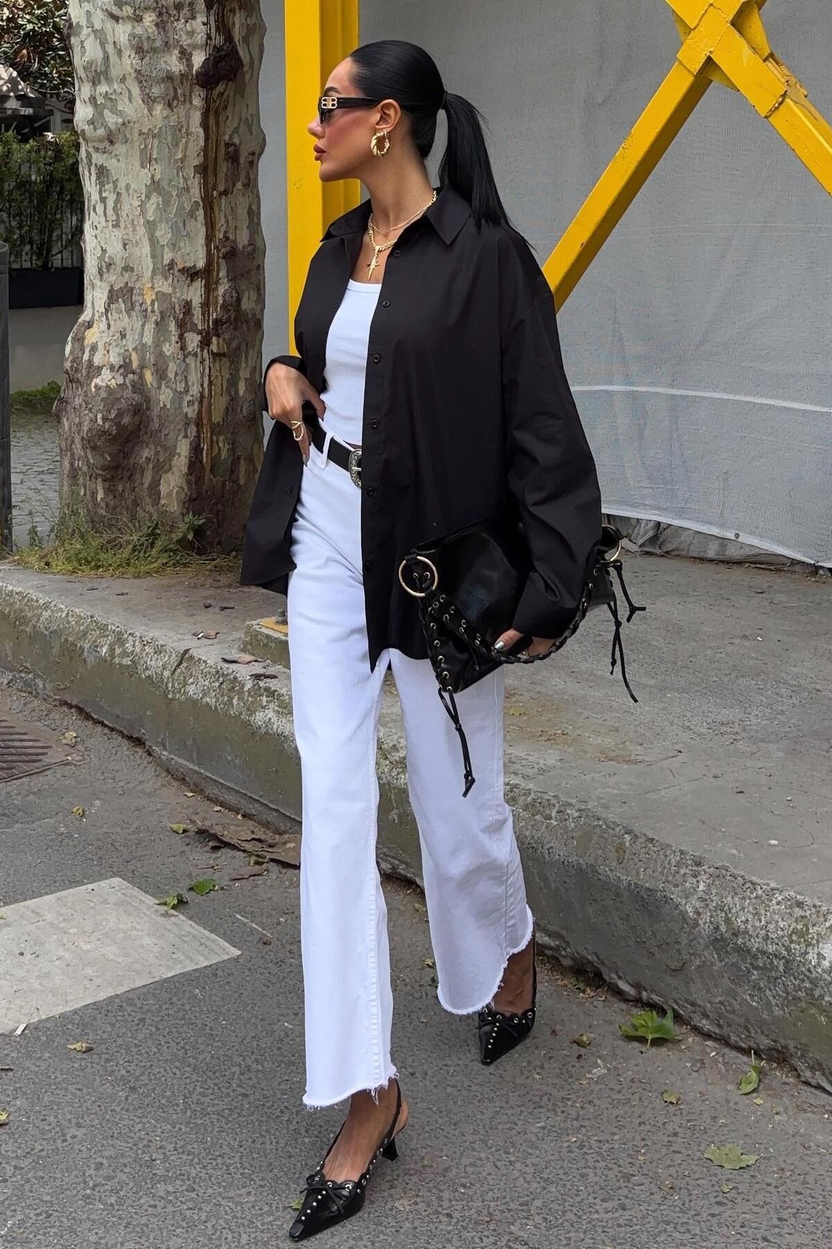 WeShaya Kadın Siyah Polyester Uzun Poplin Oversize Gömlek