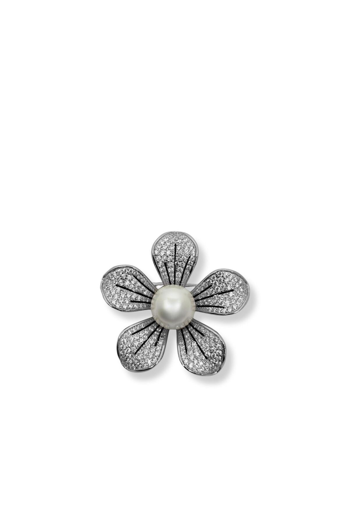 oya silver Taşlı İncili Gümüş Çiçek Broş – 3.5x3.5 cm