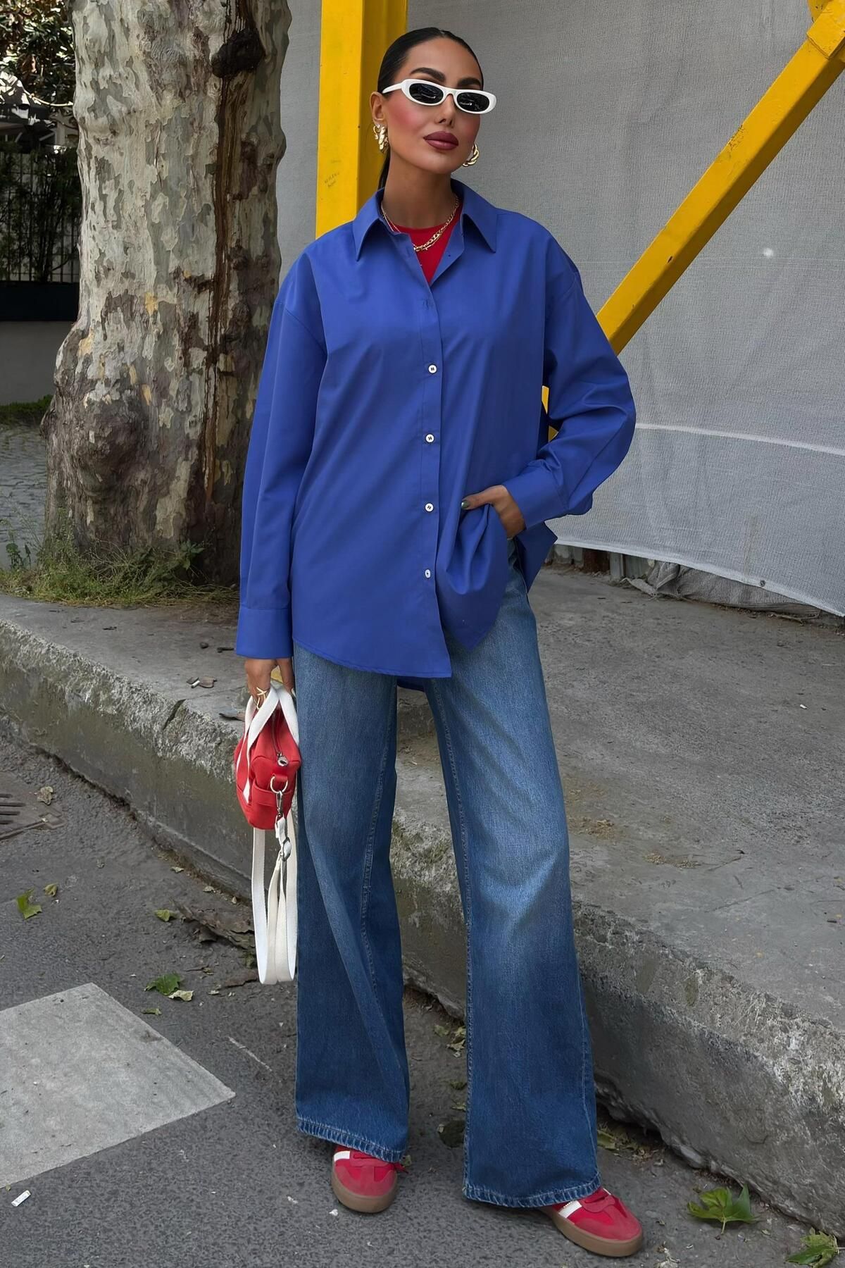 WeShaya Kadın Lacivert Poplin Oversize Uzun Gömlek