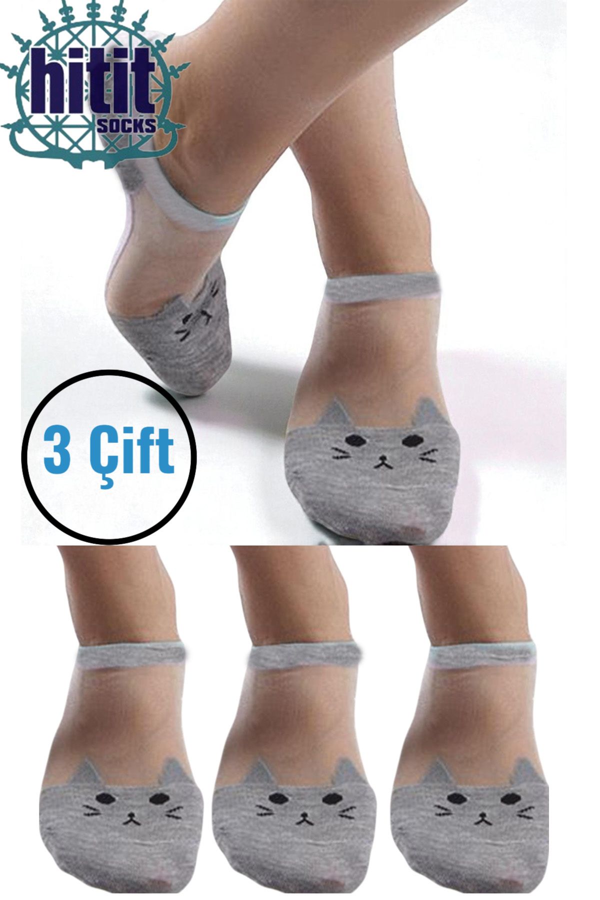 Hitit Socks Kadın 3 Çift Premium Kalite Kedi Desenli Tül Şeffaf Çorap Gri
