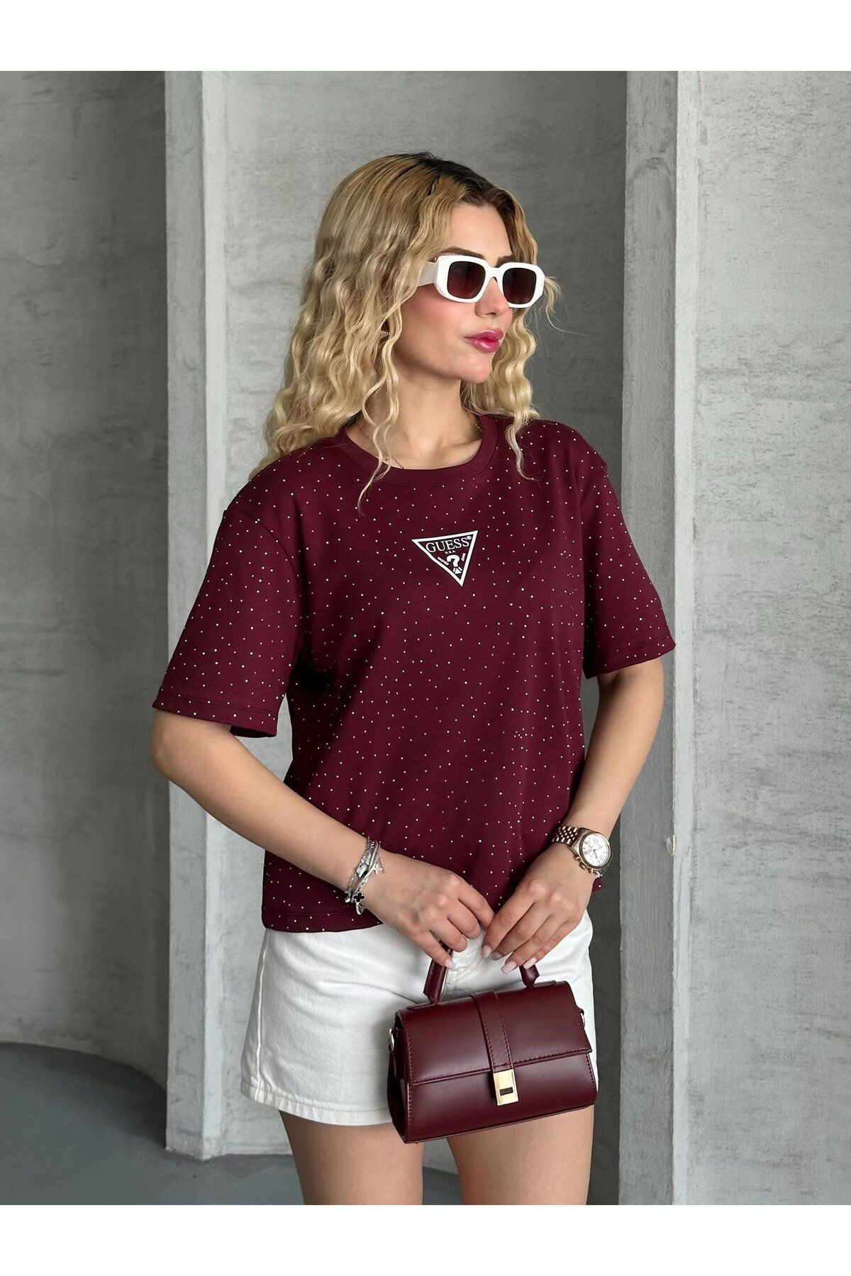 asur boutique Asur Butik Kadın Bisiklet Yaka Taşlı Tişört