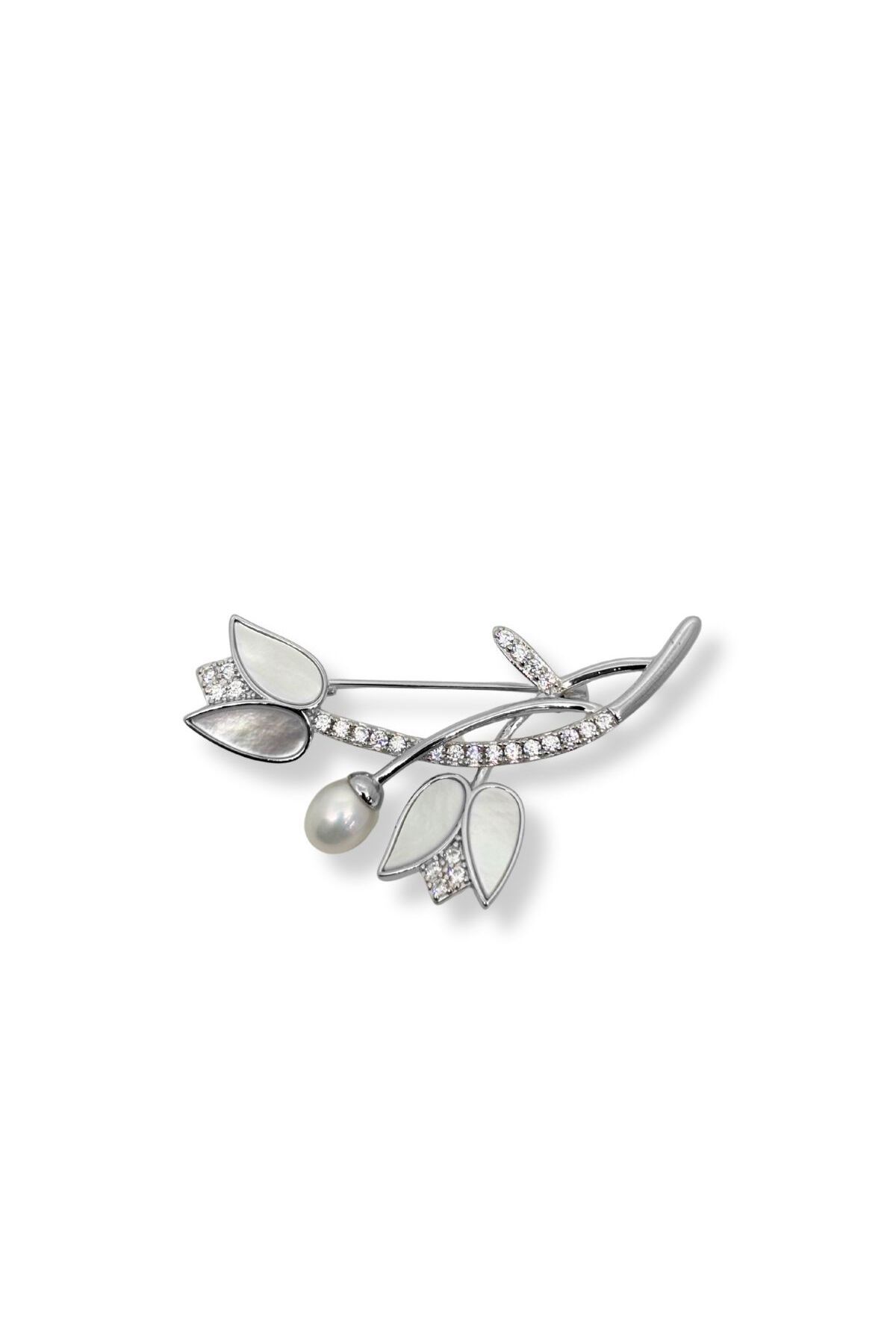 oya silver Beyaz Işıltılı Sedefli Gümüş Lale Broş – 5.2x3 cm