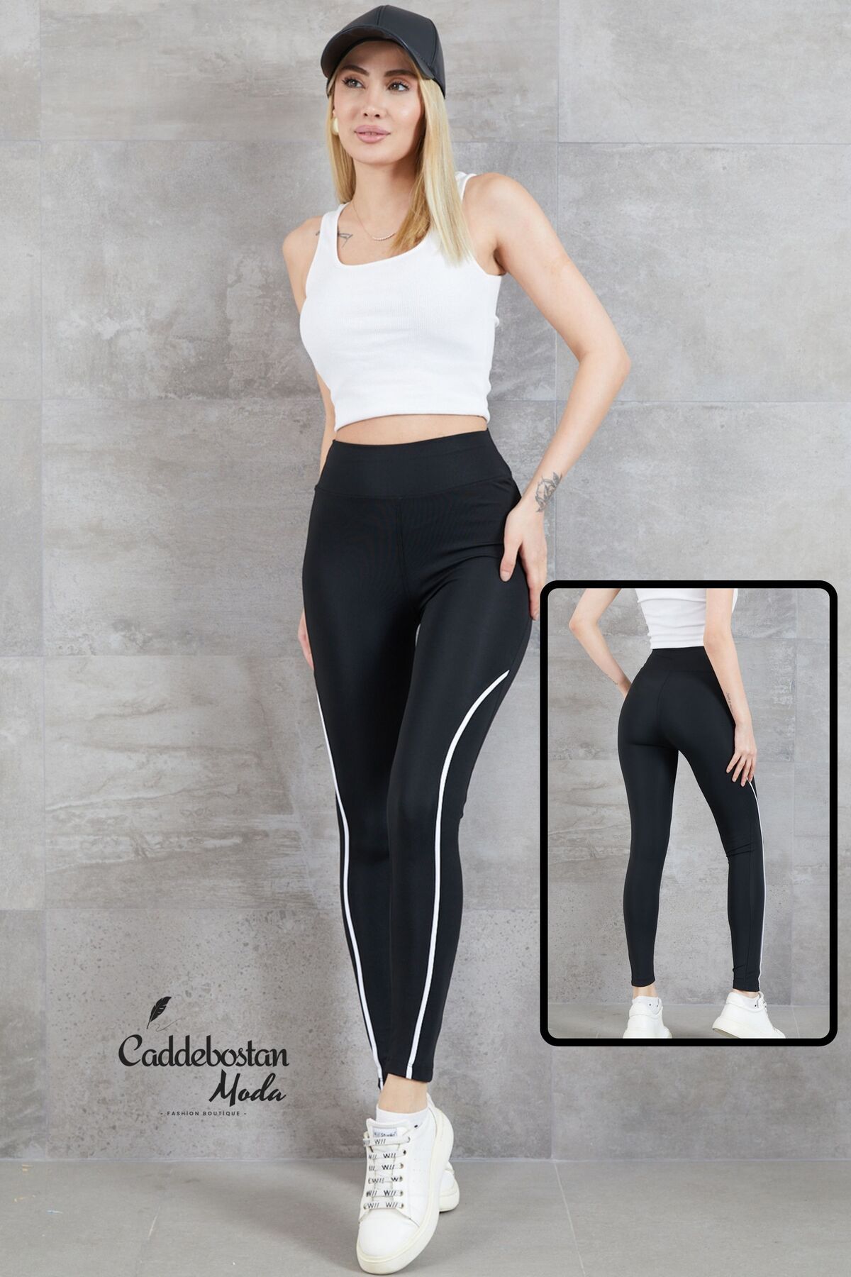 Caddebostan Moda İnce Şeritli Yüksek Bel Kadın Tayt %100 Pamuk Siyah Pantolon Yoga Spor Günlük