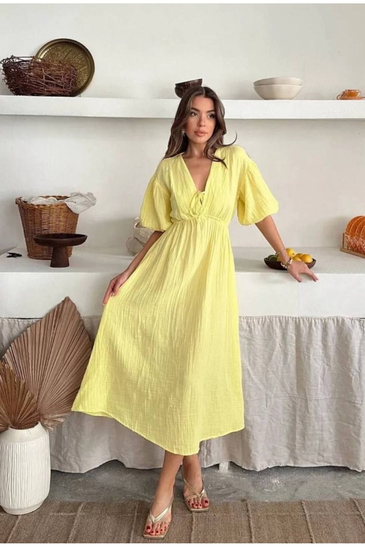 Butik Sarı Müslin Kumaş Elbise