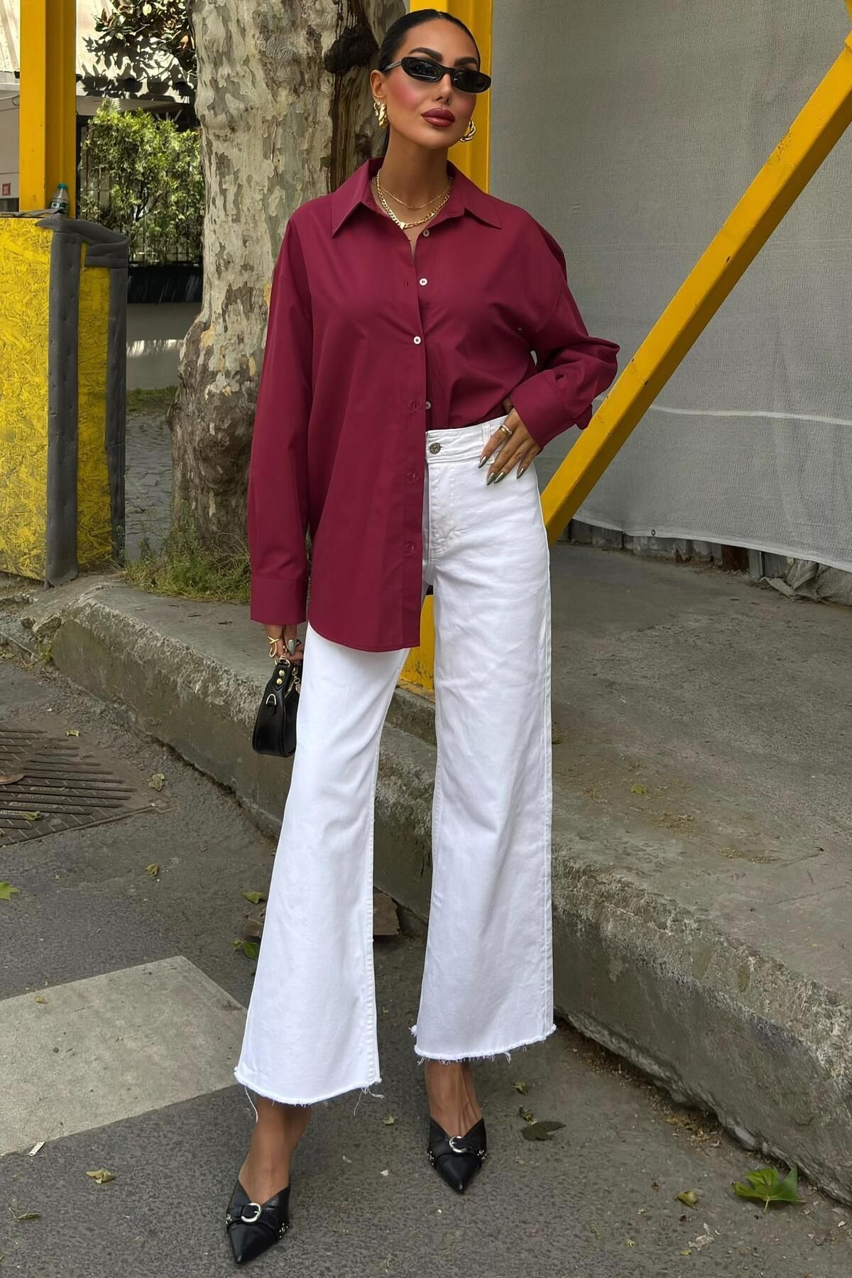 WeShaya Kadın Bordo Poplin Uzun Oversize Gömlek