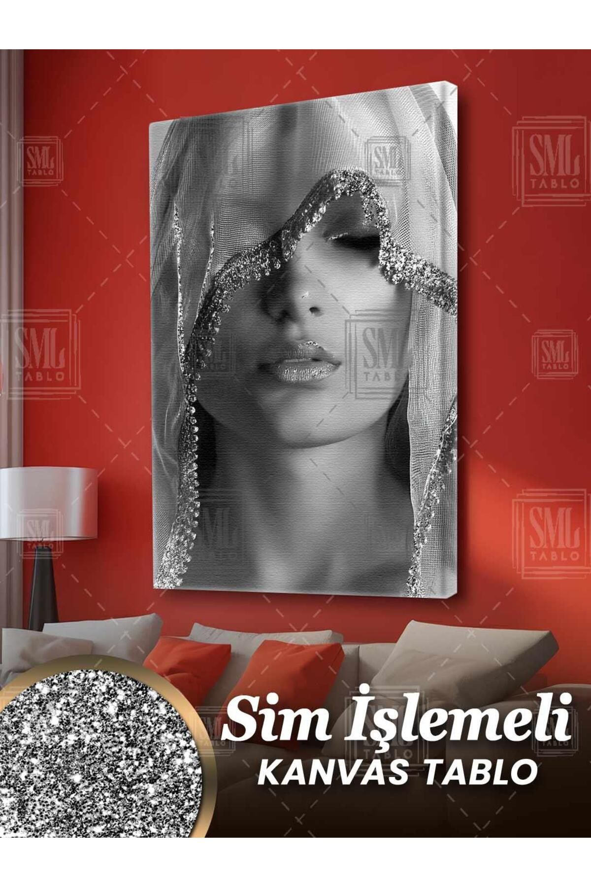 SML TABLO Simli Gümüş Pırıltılı Eşarplı Kadın Model Sim İşlemeli Dikey Kanvas Tablo