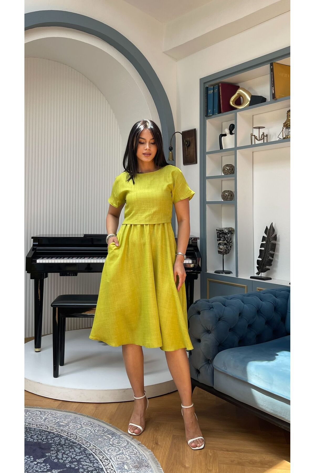 Nida Boutique İki Parça Görünümlü Cepli Astarlı Kısa Kollu Elbise