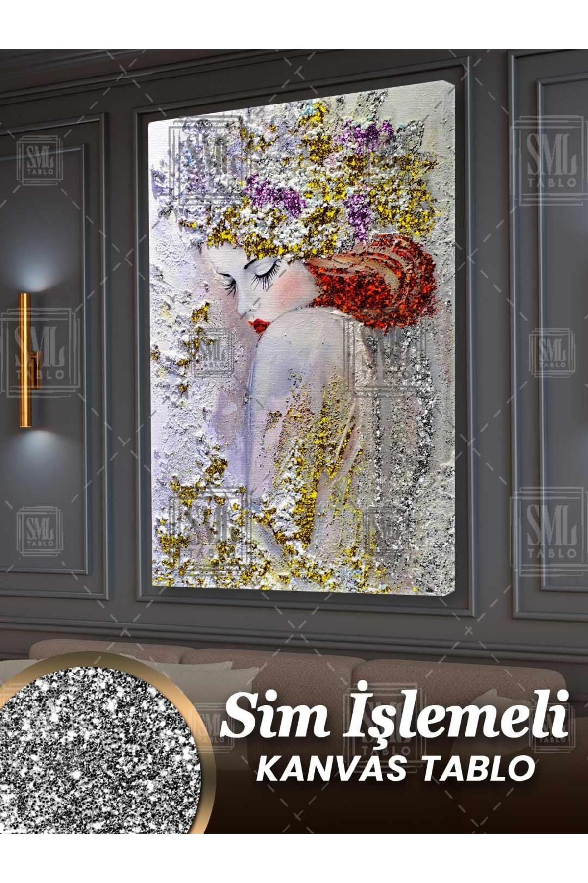 SML TABLO Simli Çiçek Kafalı Kırmızı Pırıltılı Rujlu Kadın Sim İşlemeli Dikey Kanvas Tablo