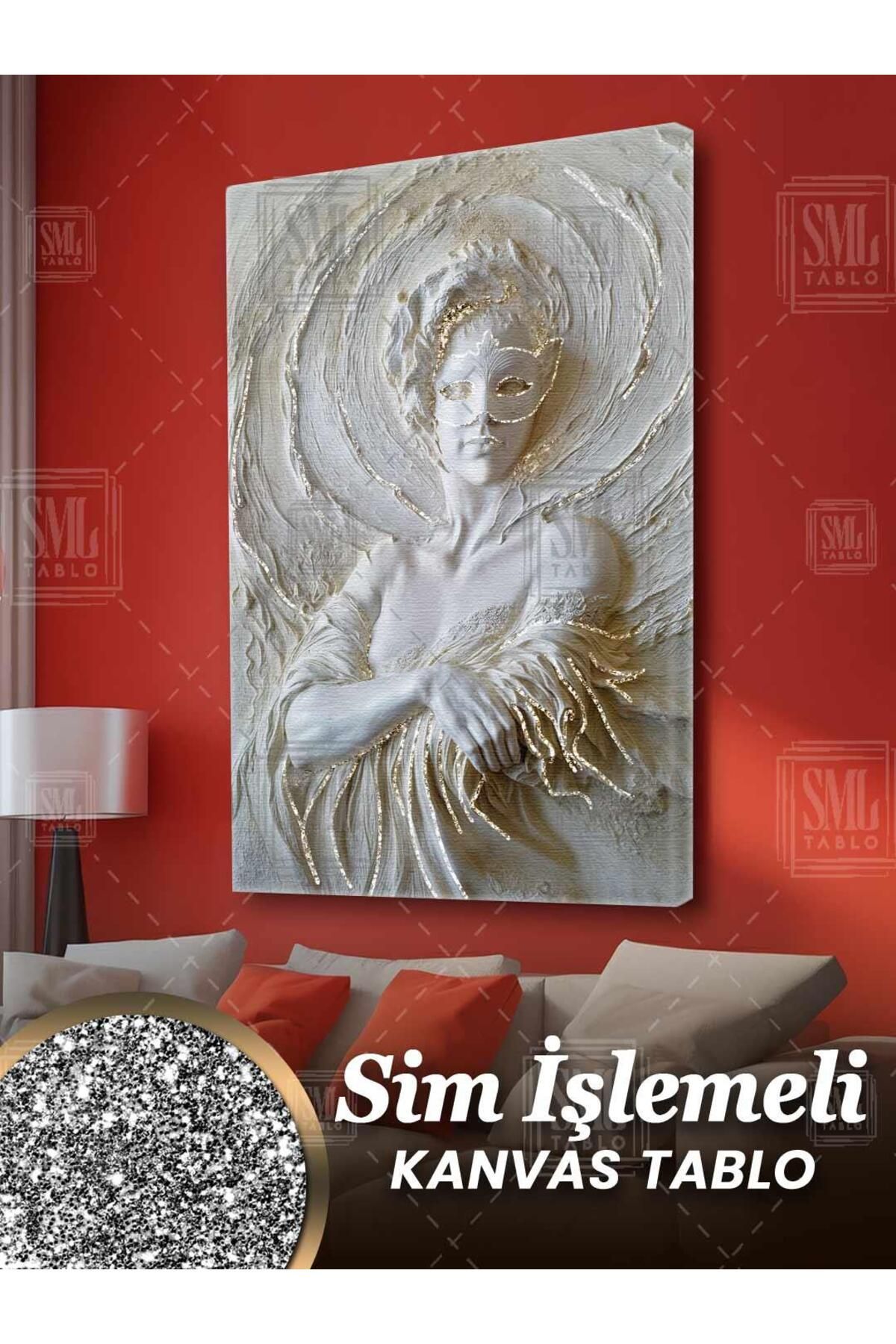 SML TABLO Simli Maskeli Heykel Kadın Pırıltılı Beyaz Mermer Heykel Sim İşlemeli Dikey Kanvas Tablo