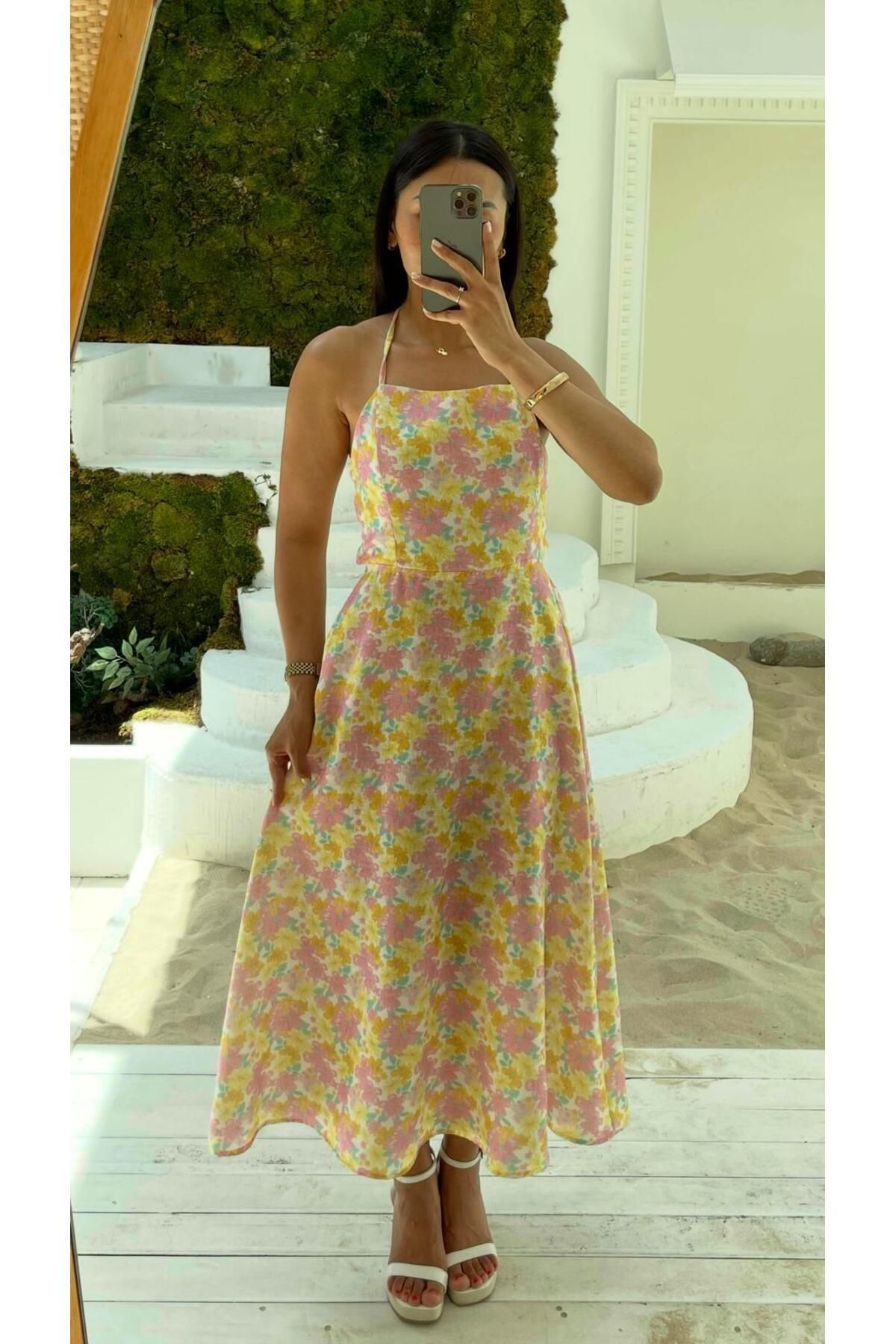 Nida Boutique Askılı Boyundan Bağlamalı Bel Bağlama Detaylı Keten Elbise