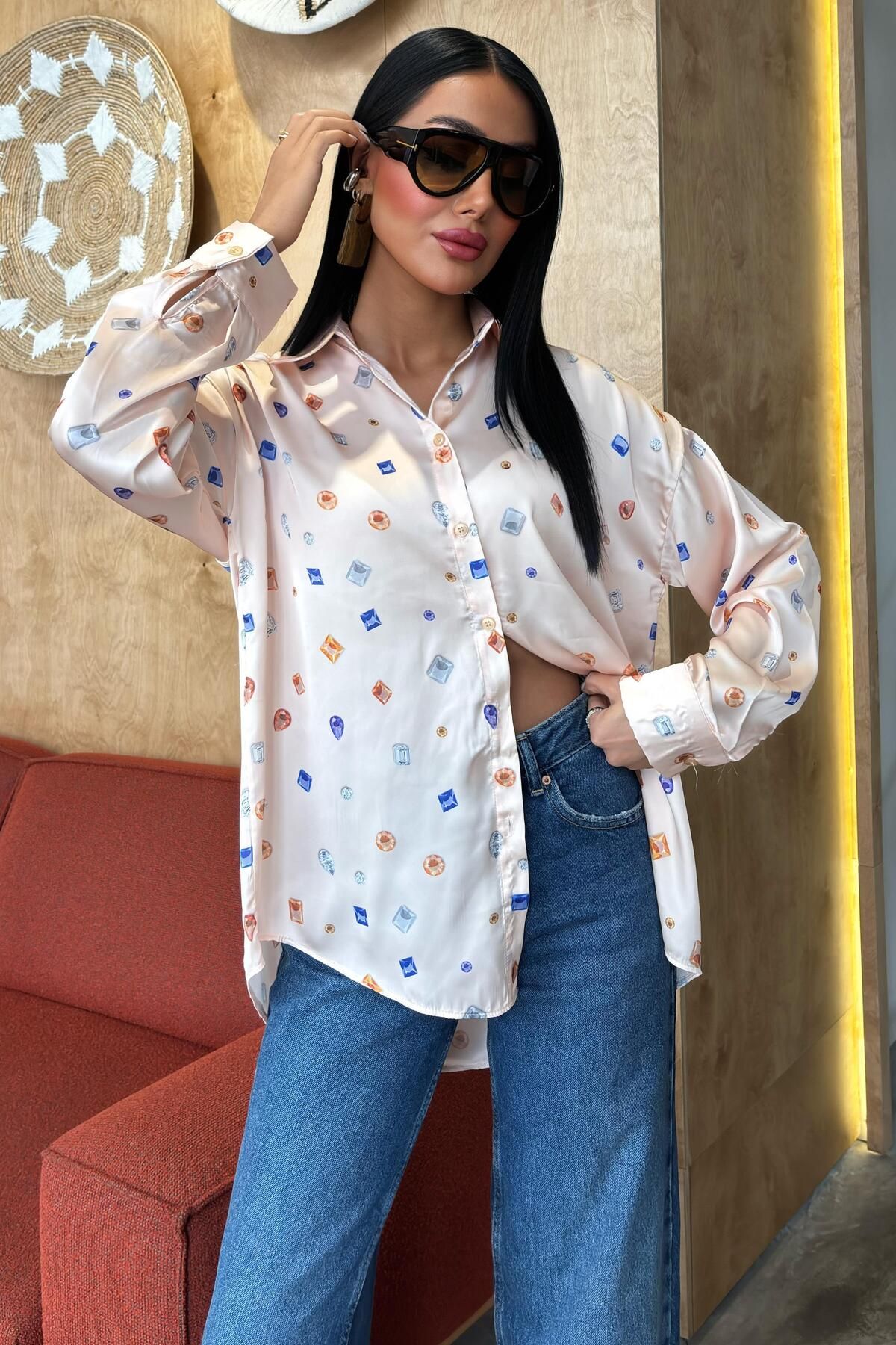 WeShaya Kadın Multi Desenli Polyester Saten Uzun Gömlek