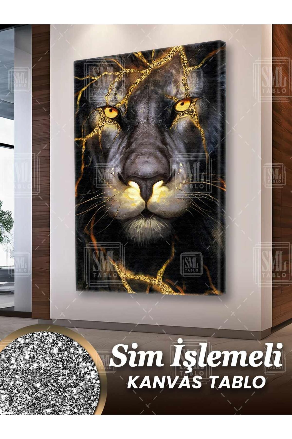 SML TABLO Simli Yüzünde Altın Pırıltılı Yıldırım Desenli Aslan Hayvan Sim İşlemeli Dikey Kanvas Tablo