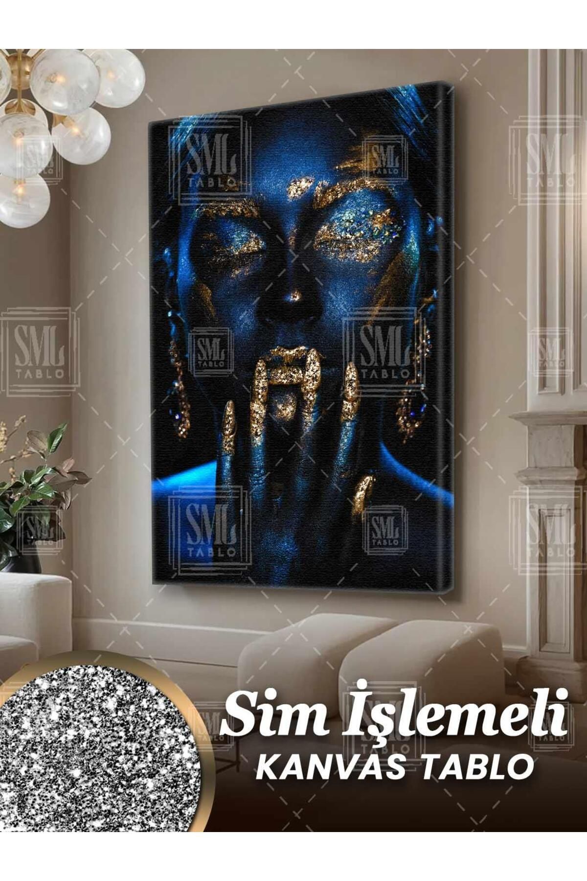 SML TABLO Simli Altın Rujlu Boyalı Gözü Kapalı Kadın Model Pırıltılı Gold Makyaj Sim İşlemeli Dikey Kanvas Tab