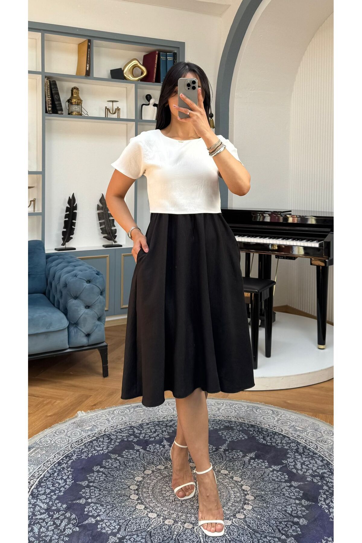 Nida Boutique İki Parça Görünümlü Cepli Astarlı Kısa Kollu Elbise