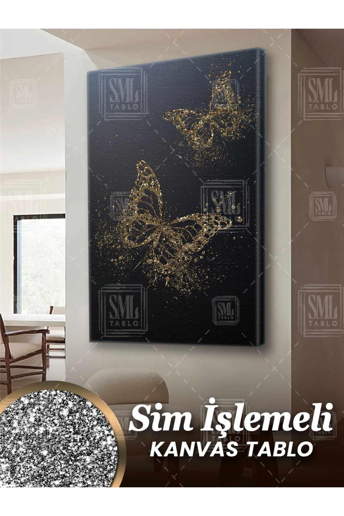SML TABLO Simli Altın Pırılıtlı Kelebek Modern Gold Dekoratif Sim İşlemeli Dikey Kanvas Tablo