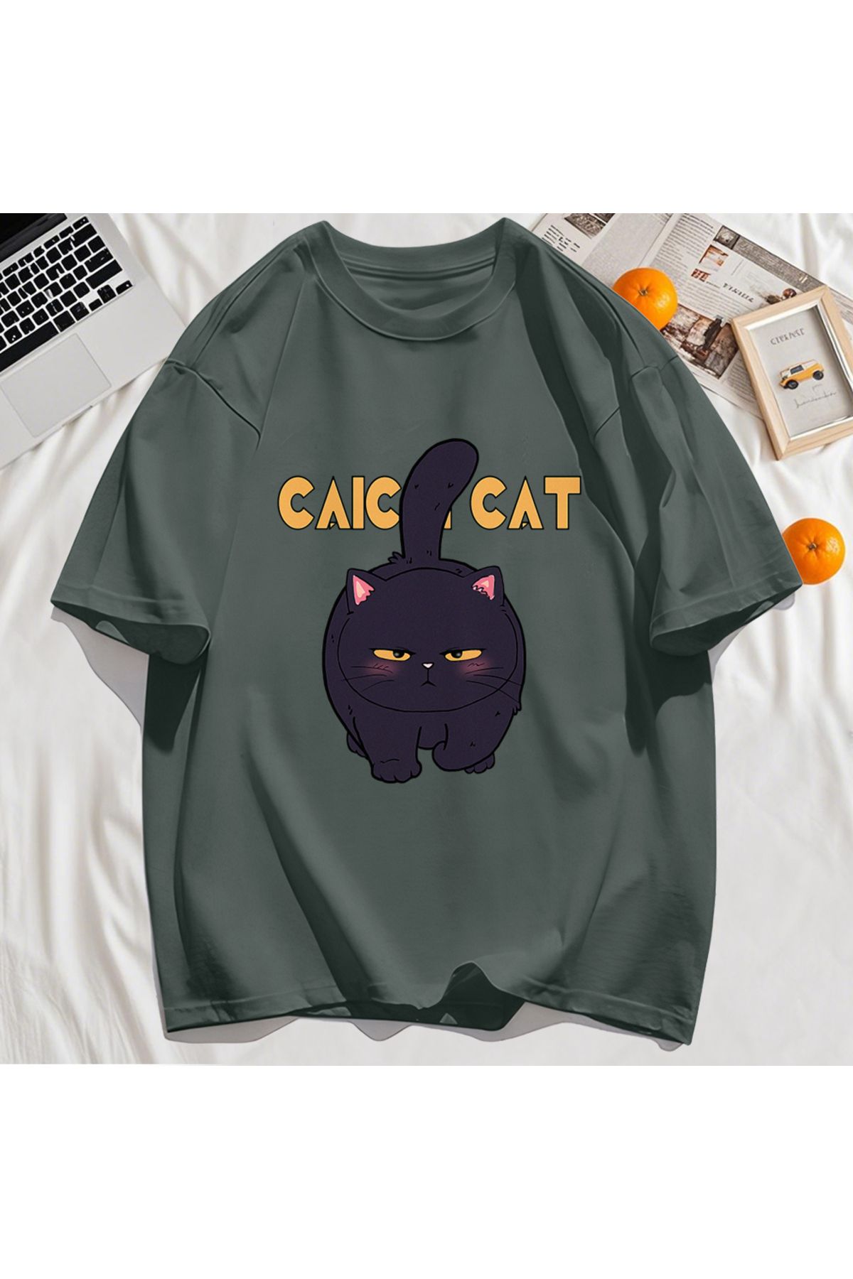 StartMore Y2k Vintage Tişört Tee Siyah Tombul Küçük Kedi Tasarım