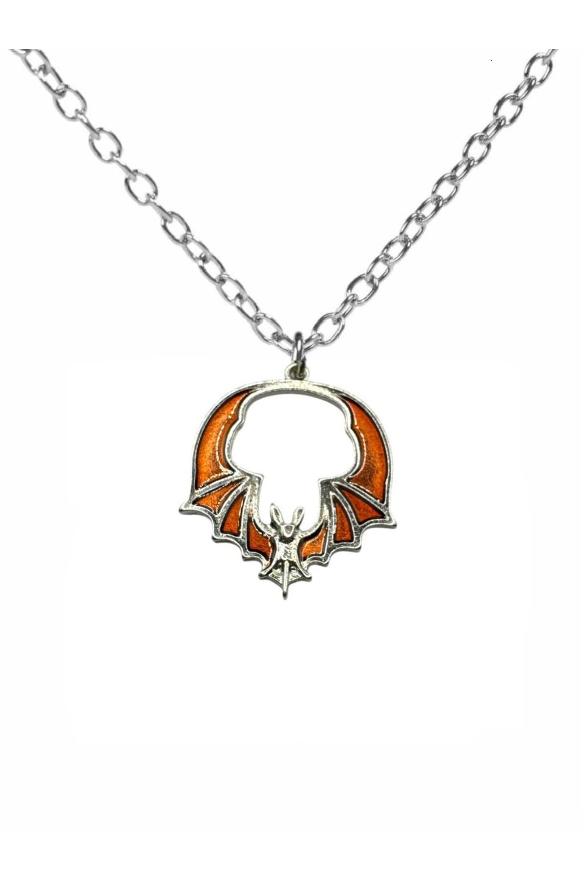 Herşey Nota Gothic Sharp Bat Turuncu Figürlü Siyah Zincirli Unisex Kolye – Geceye Parlak Bir Dokunuş