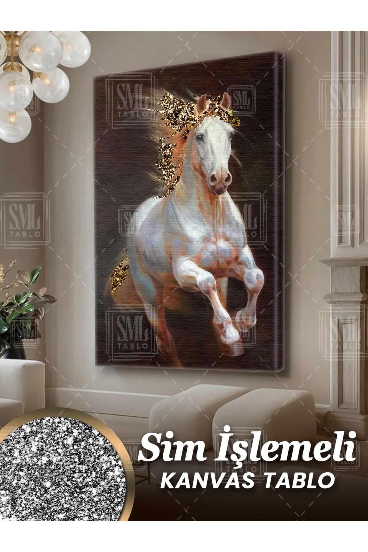 SML TABLO Simli Koşan Saçları Altın Pırıltılı Beyaz At Asalet Sim İşlemeli Dikey Kanvas Tablo