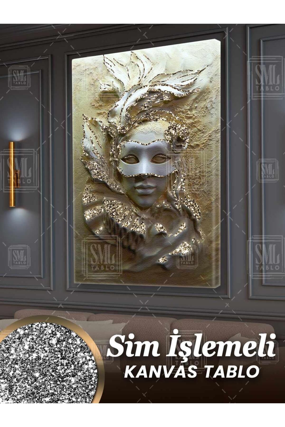 SML TABLO Simli Gizemli Pırıltılı Balo Maskesi Alçı Mermer Kadın Sim İşlemeli Dikey Kanvas Tablo