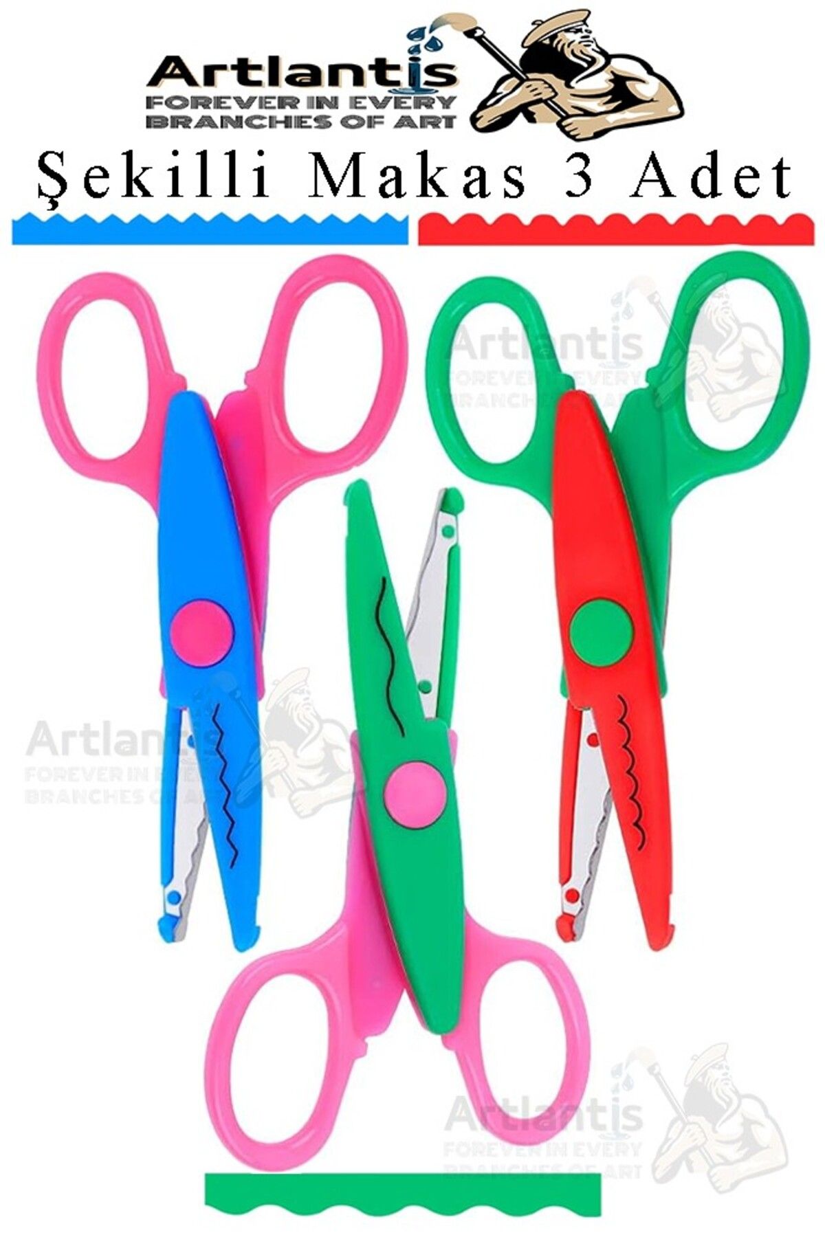 Artlantis Şekilli Makas Metal Plastik Kaplamalı 3 lü 1 Paket Desenli Tırtıklı Şekilli Kesen Makas Seti Güvenli