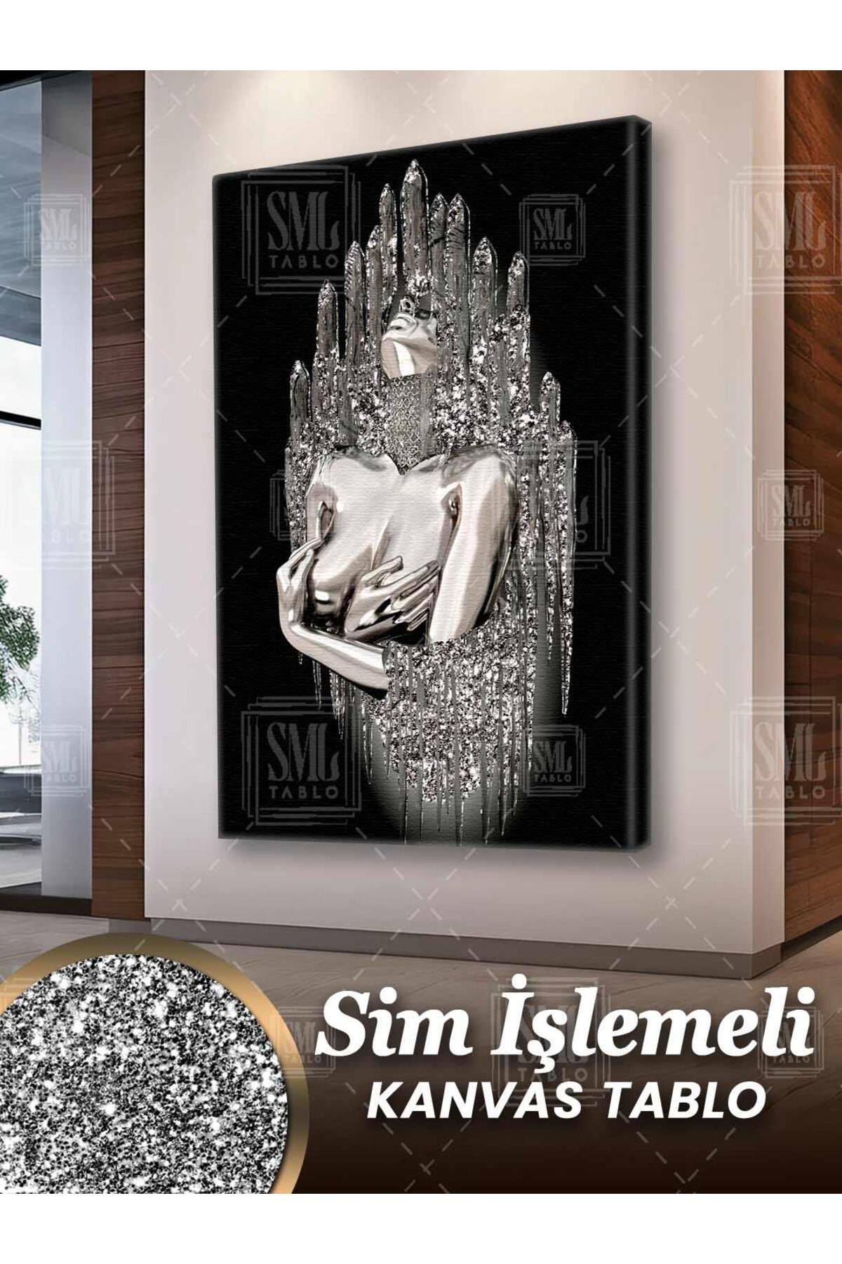 SML TABLO Simli Metal Gümüş Nü Model Pırıltılı Metal Görünümlü Kadın Sim İşlemeli Dikey Kanvas Tablo