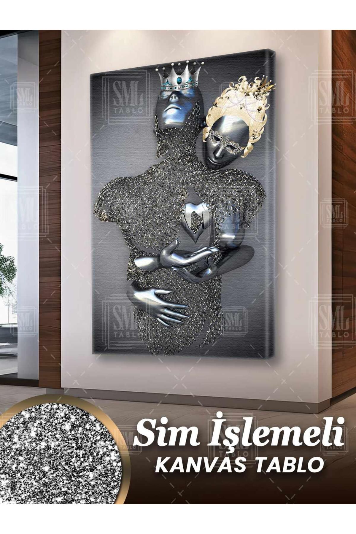 SML TABLO Simli Zincir Birbirine Sarılan Metal Cift Kral ve Kraliçe Aşk Love Sim İşlemeli Dikey Kanvas Tablo