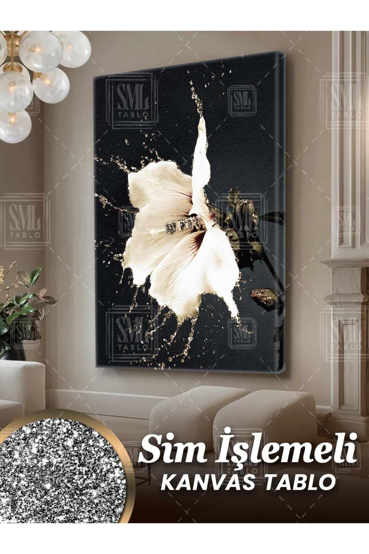 SML TABLO Simli İllüstrasyon Beyaz Çiçek Pırıltılı Modern Sim İşlemeli Dikey Kanvas Tablo