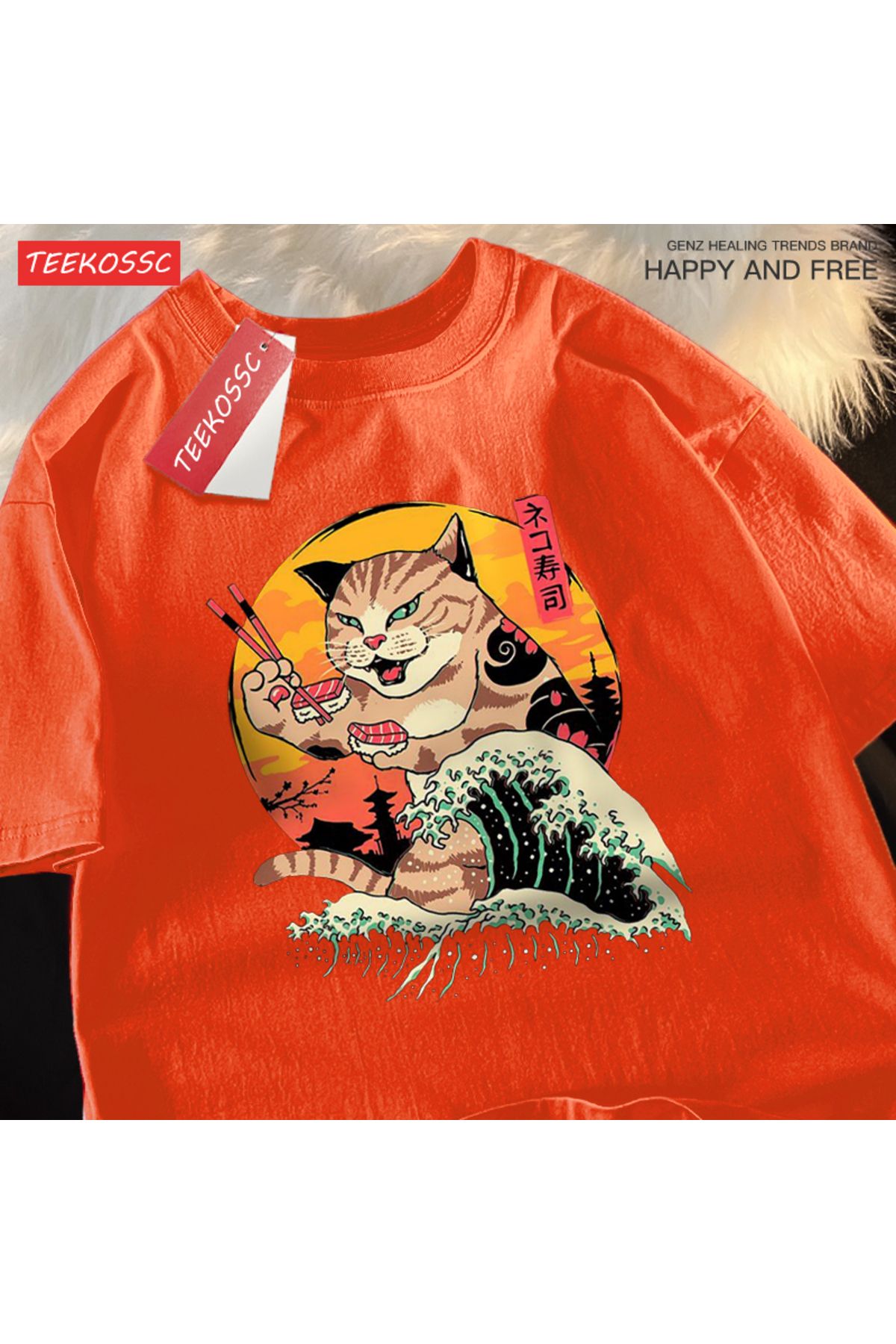 StartMore Y2k Vintage Tişört Tee Japon Harajuku dalga suşi kedi