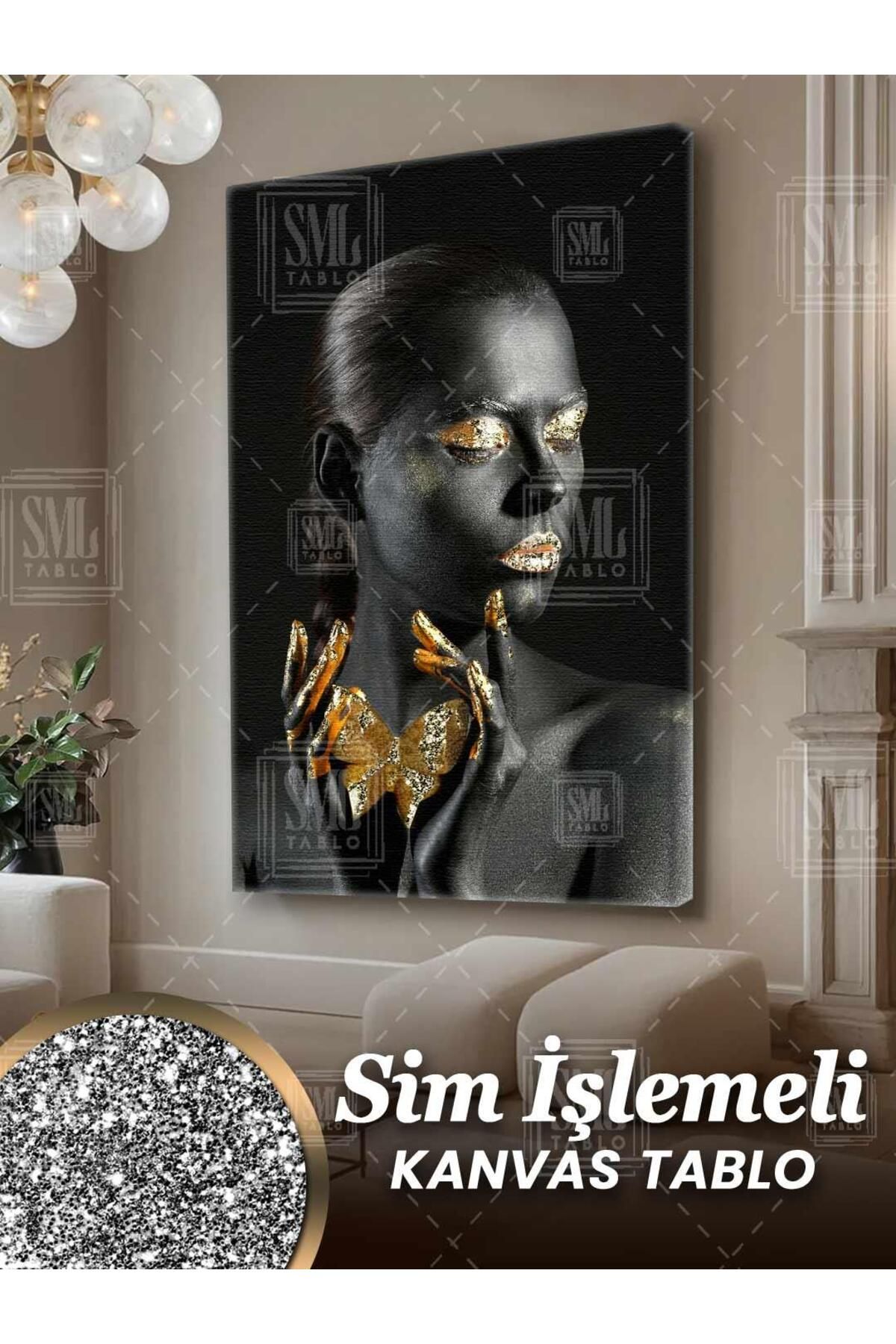 SML TABLO Simli Turuncu Kelebekli Pırıltılı Afrikalı Kadın Turuncu Makyajlı Sim İşlemeli Dikey Kanvas Tablo
