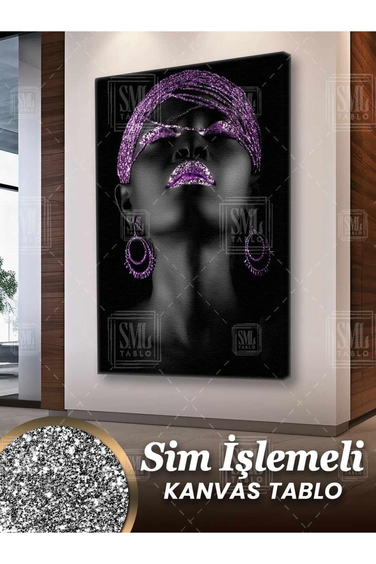 SML TABLO Simli Afrikalı Pırıltılı Mor Küpeli Kadın Mor Takı Sim İşlemeli Dikey Kanvas Tablo
