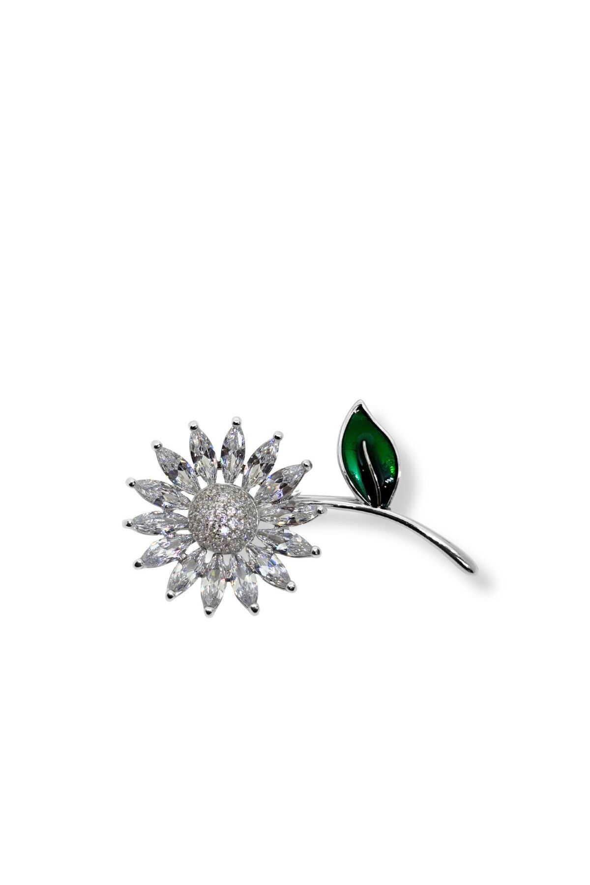 oya silver Yeşil Mine Yapraklı Baget Taşlı Gümüş Çiçek Broş – 4x2.3 cm