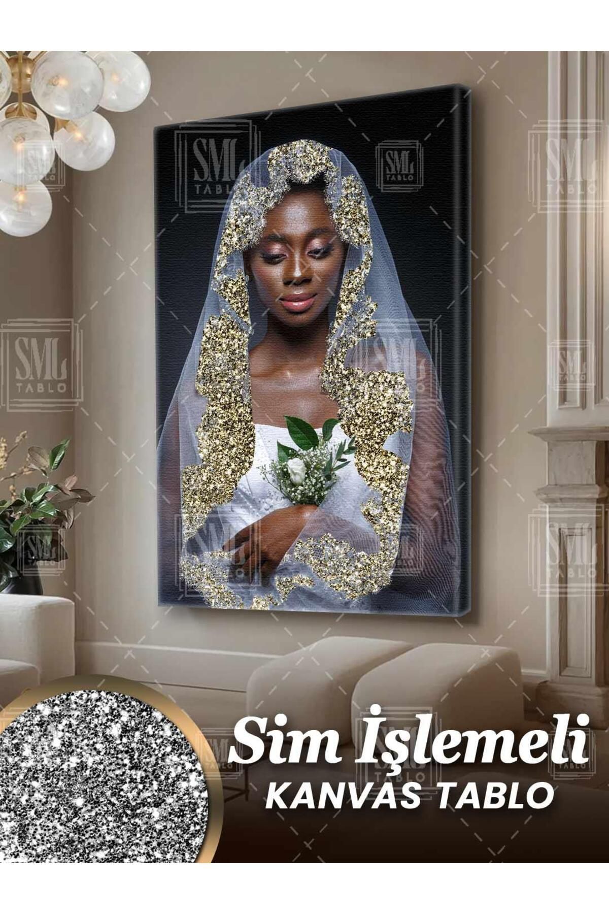 SML TABLO Simli Gelinlik Pırıltılı Elbiseli Afrikalı Kadın Model Sim İşlemeli Dikey Kanvas Tablo
