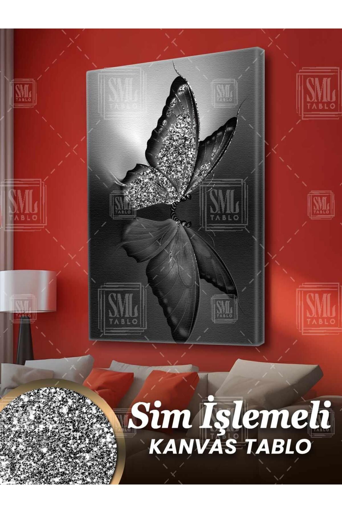 SML TABLO Simli Kelebek Yansıma Simetri Pırıltılı Siyah Beyaz Modern Dekoratif Sim İşlemeli Dikey Kanvas Tablo