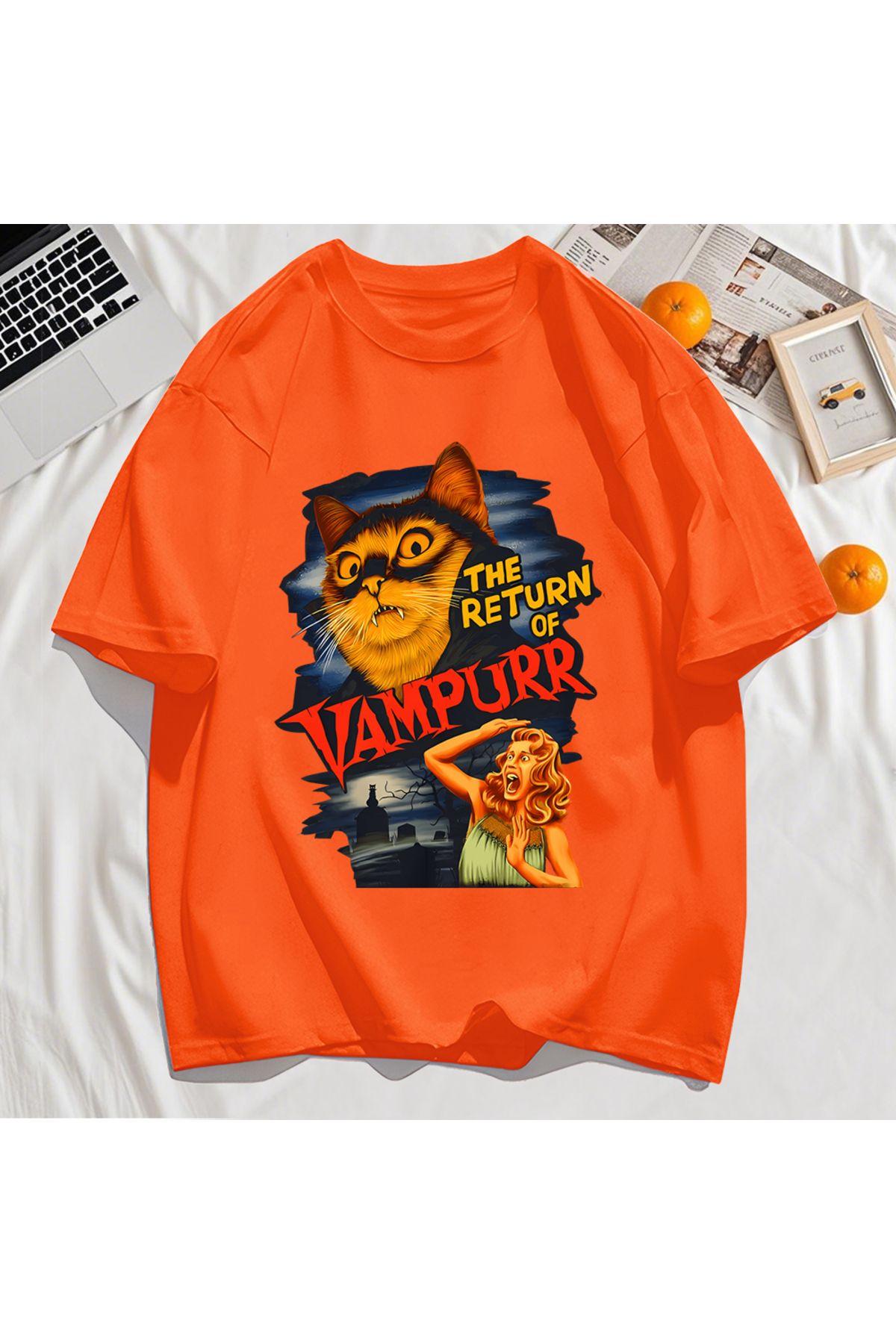 StartMore Y2k Vintage Tişört Tee Büyük bir kedi ve dişleri baskıla