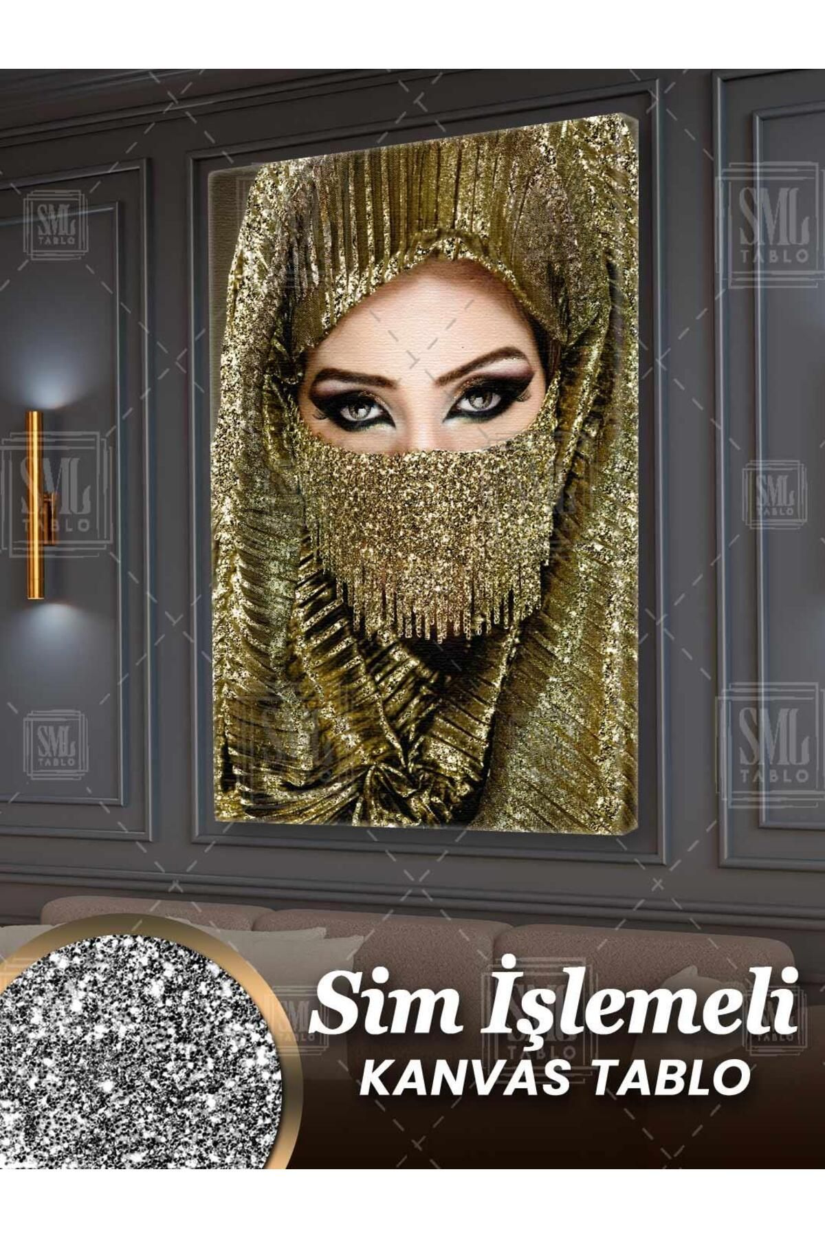 SML TABLO Simli Altın Takılı Kapalı Kadın Model Pırıltılı Göz Sürme Sim İşlemeli Dikey Kanvas Tablo