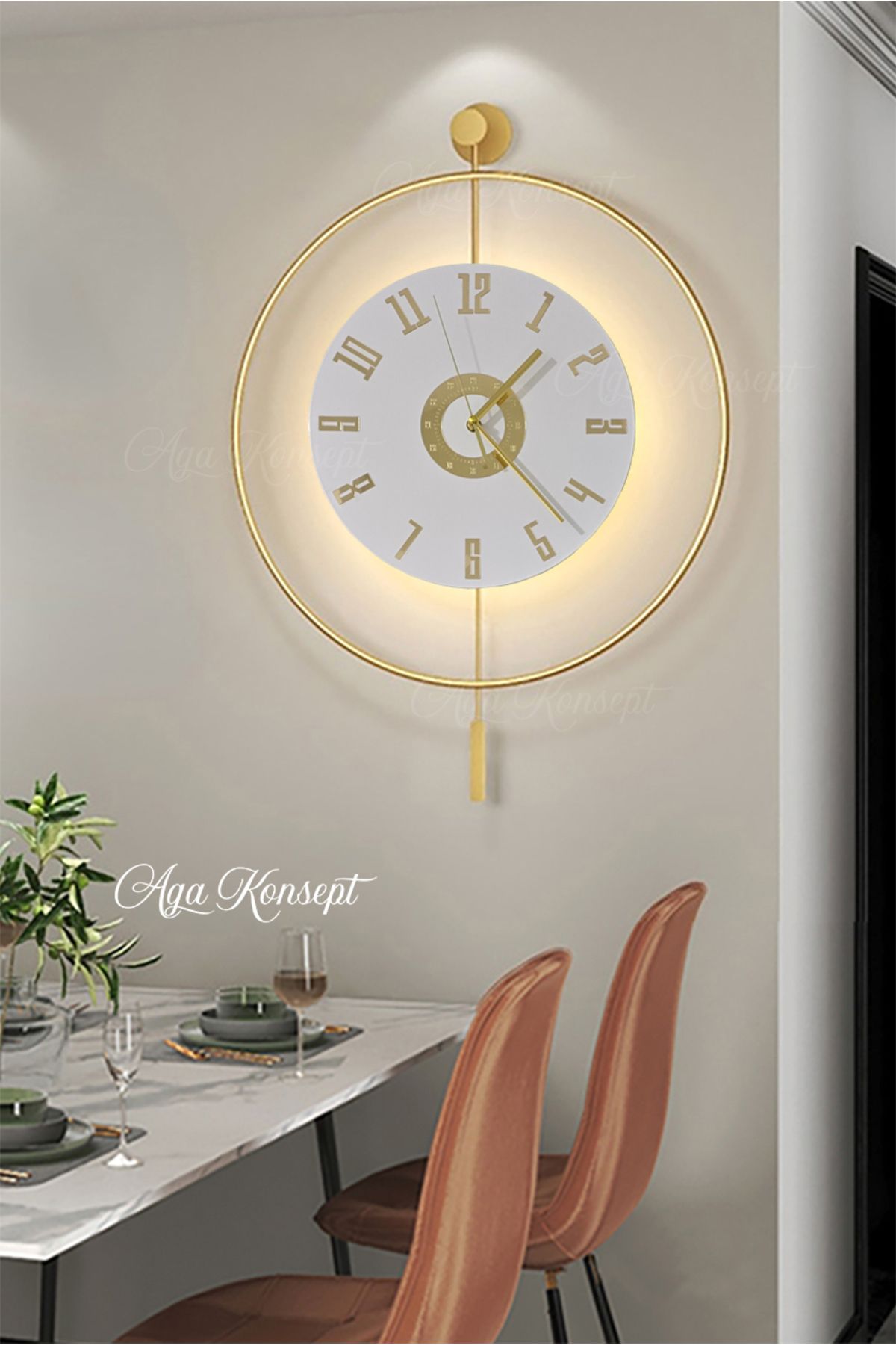 AGA KONSEPT Led'li Gold Izmir Kristal (ORTA BOY 40 X 60 CM), Modern Dekoratif Sarkaçlı Metal Duvar Saati