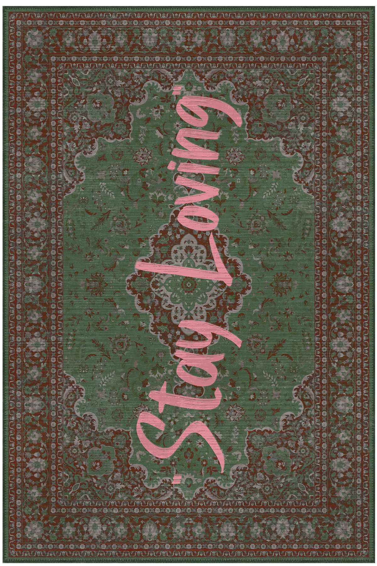 ArtEra Halı LUCCA 401 Yeşil Bordo Vintage Halı Eskitme Modern Yazılı Halı İnce Kilim Halı Ev Oda Salon Halısı