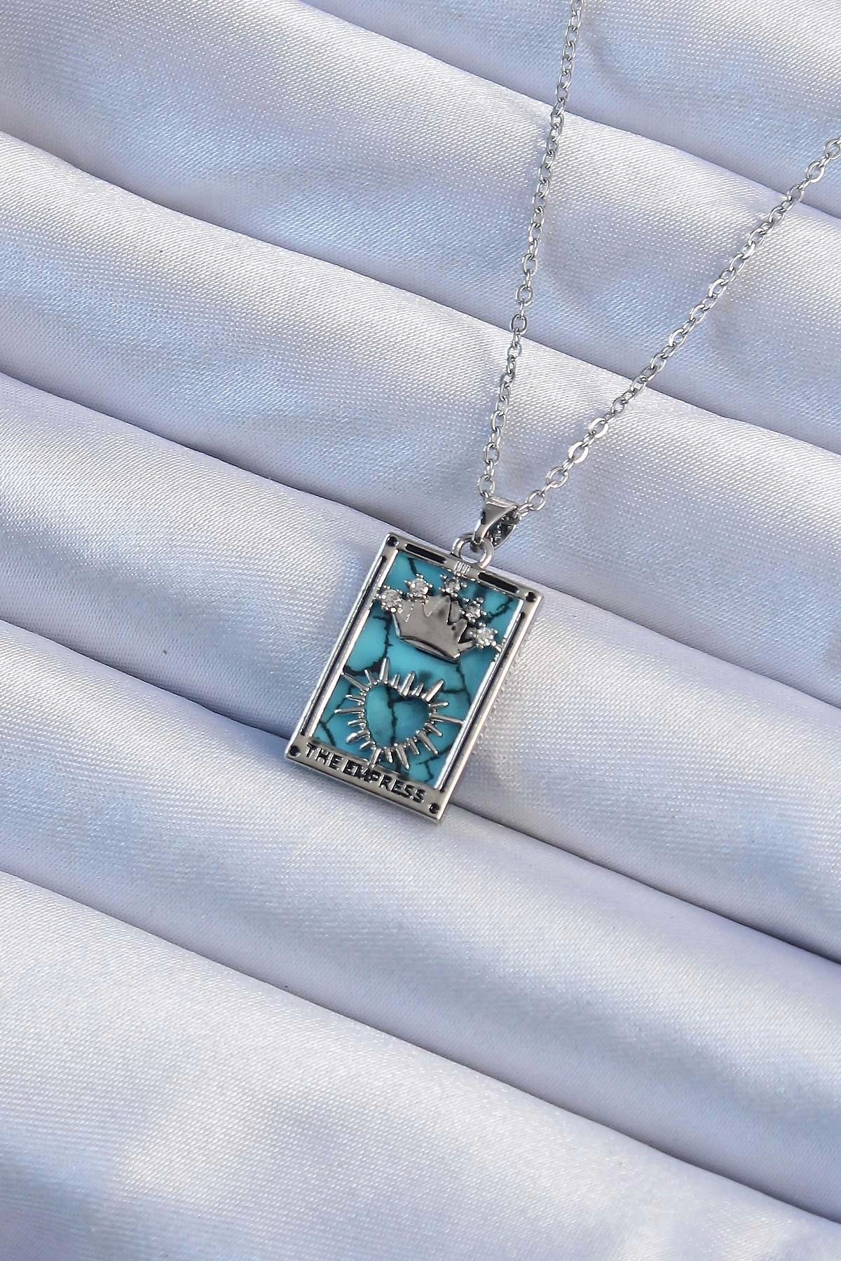 shopwave 316L Çelik Zincir Gümüş Renk Zirkon Taşlı Mavi Mermer Desenli Taç Model Tarot Kolye