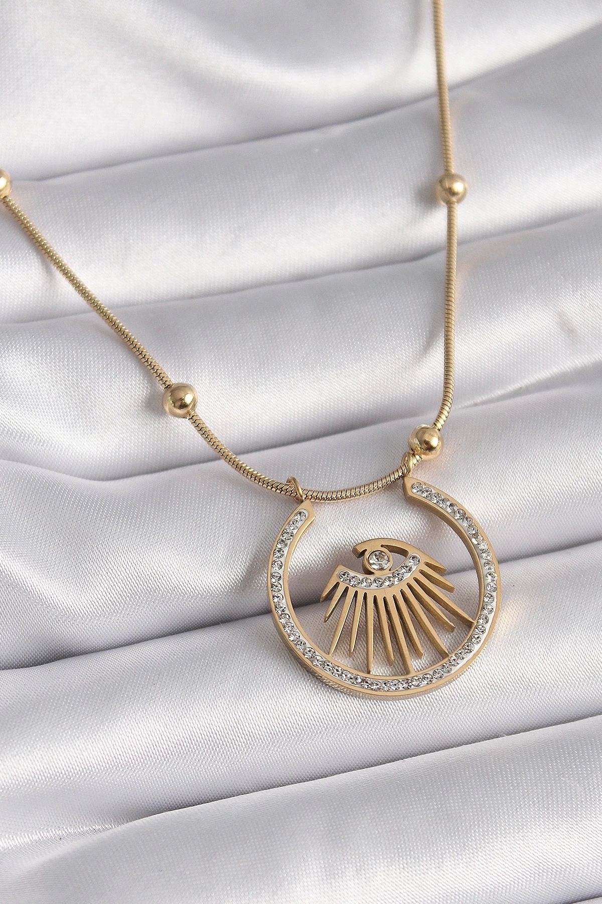 shopwave 316L Çelik Gold Renk Zirkon Taşlı Göz Model Kadın Kolye