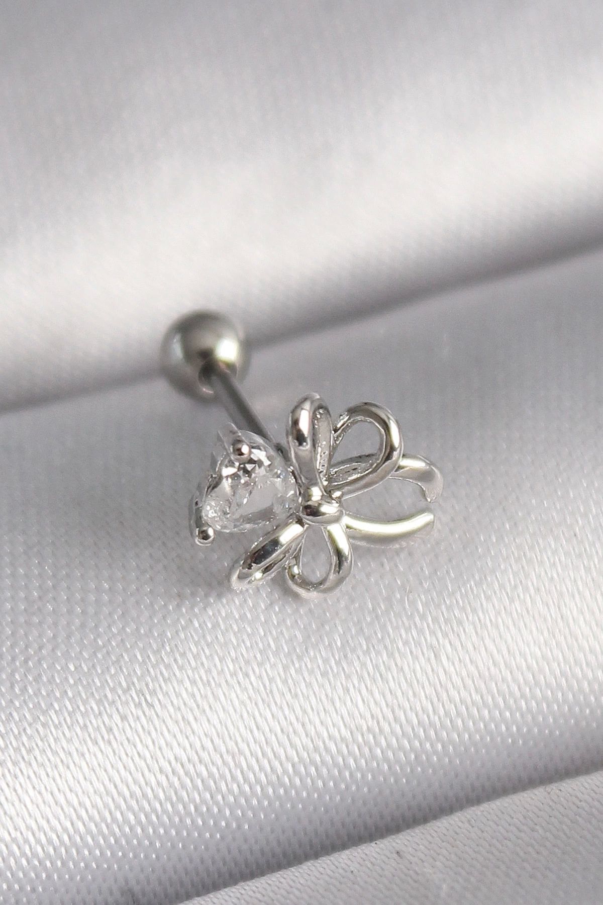 shopwave 316L Çelik Gümüş Renk Zirkon Taş Detay Kurdele Model Tragus Piercing